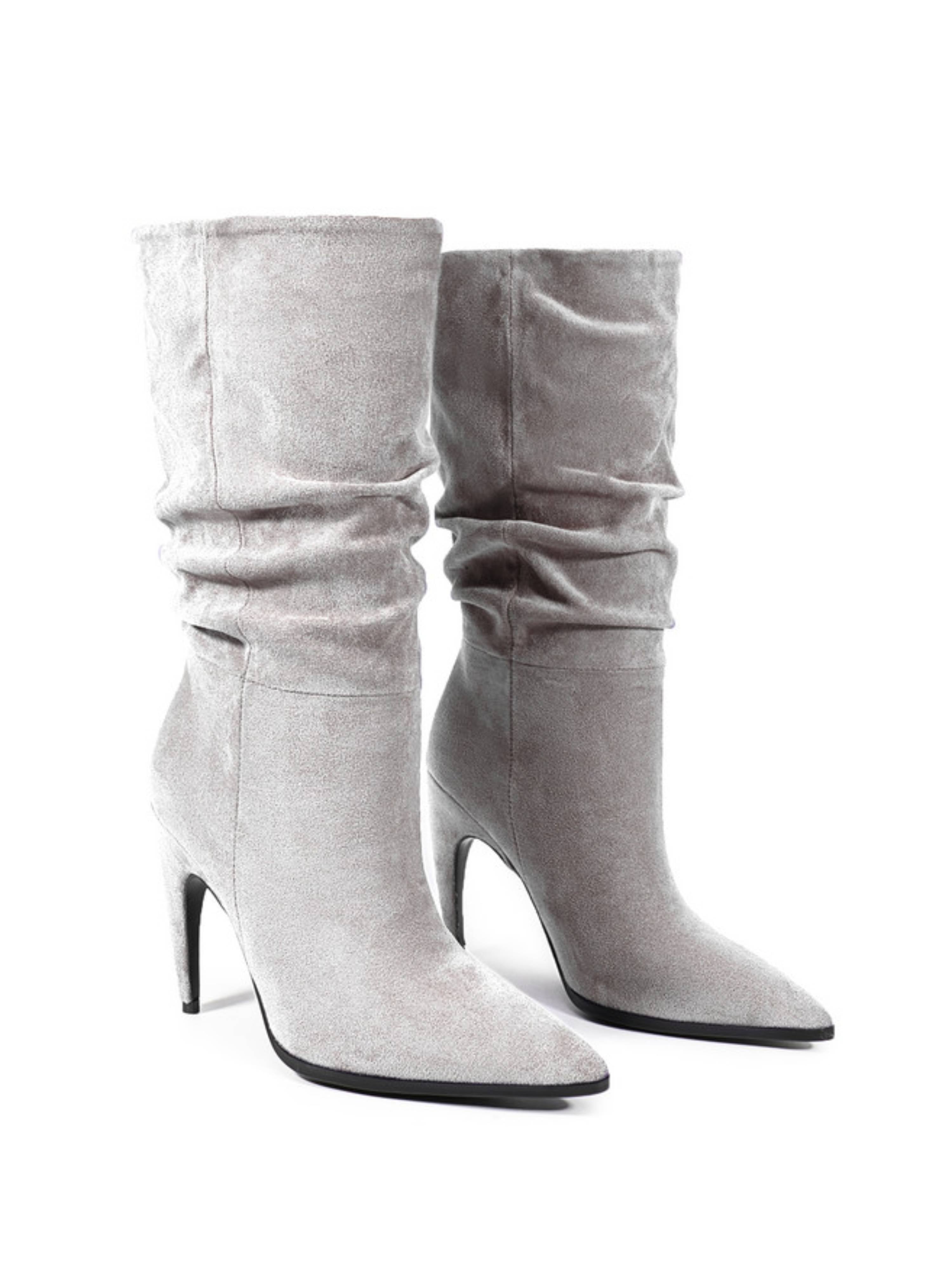 Gray Slouchy High-Heel Mid-Calf Boots Women