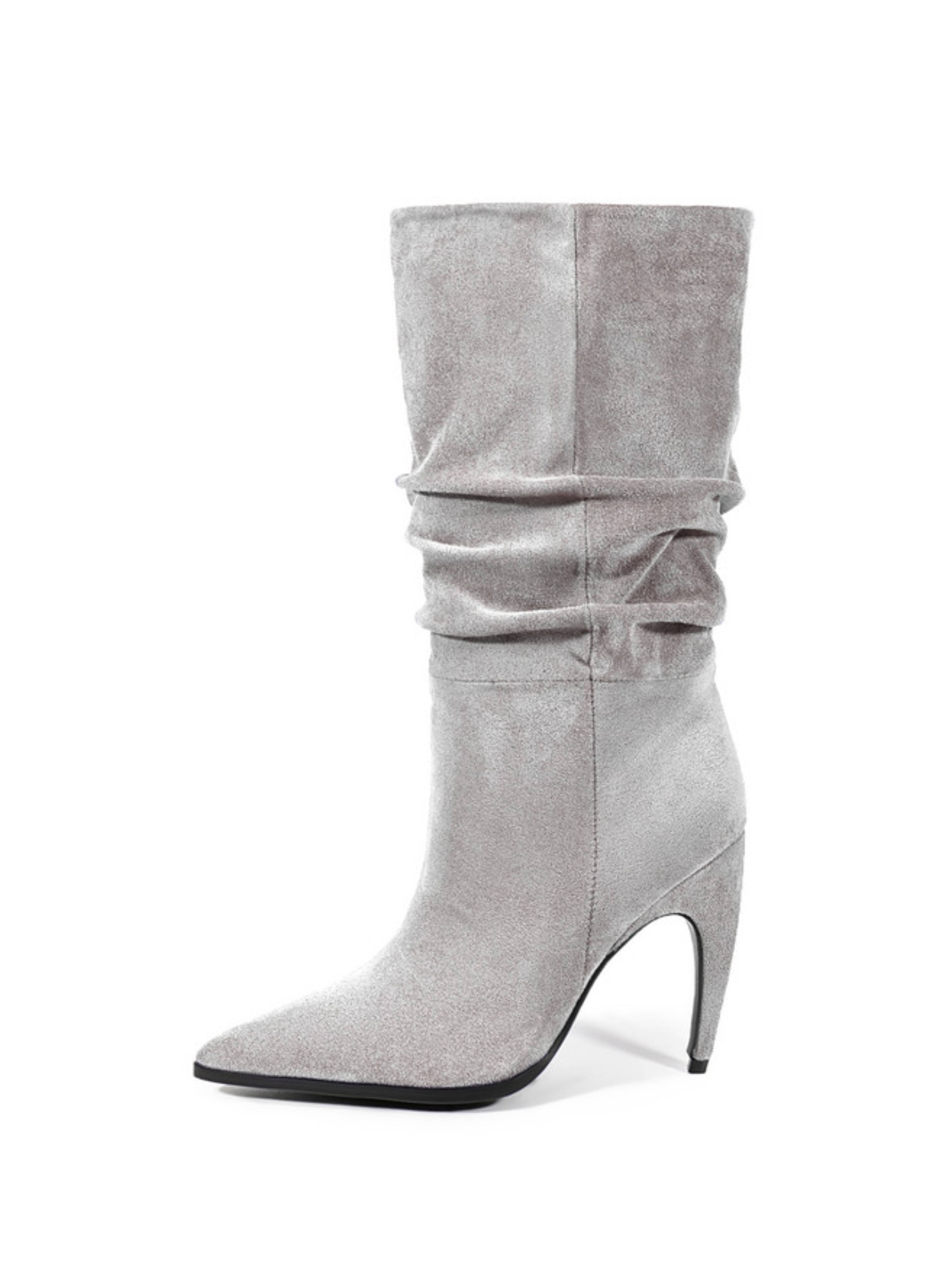 Gray Slouchy High-Heel Mid-Calf Boots Women