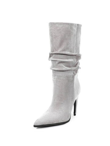 Gray Slouchy High-Heel Mid-Calf Boots Women