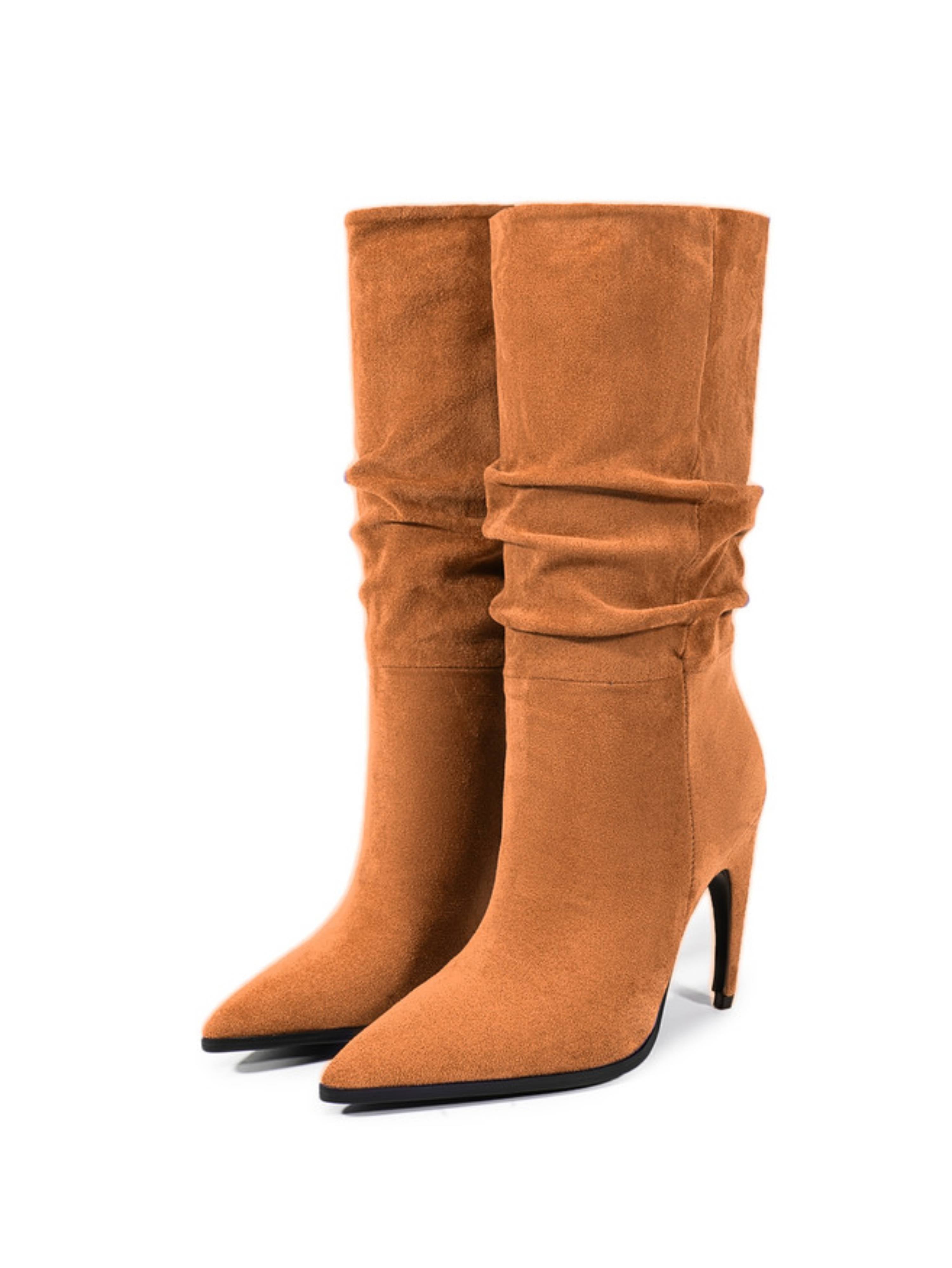 Orange High-Heel Mid-Calf Slouch Boots