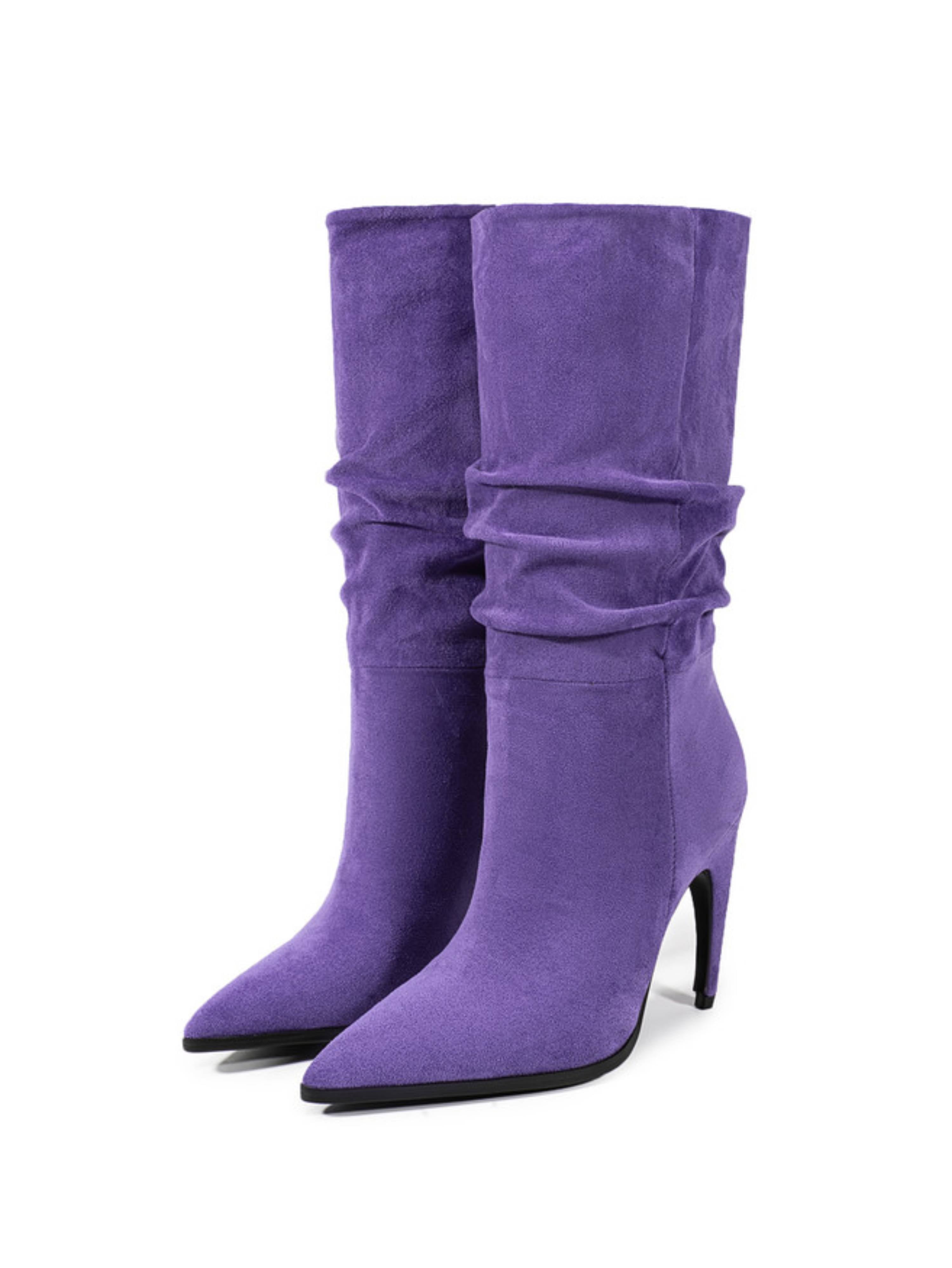 Purple Slouchy High-Heel Mid-Calf Boots Women
