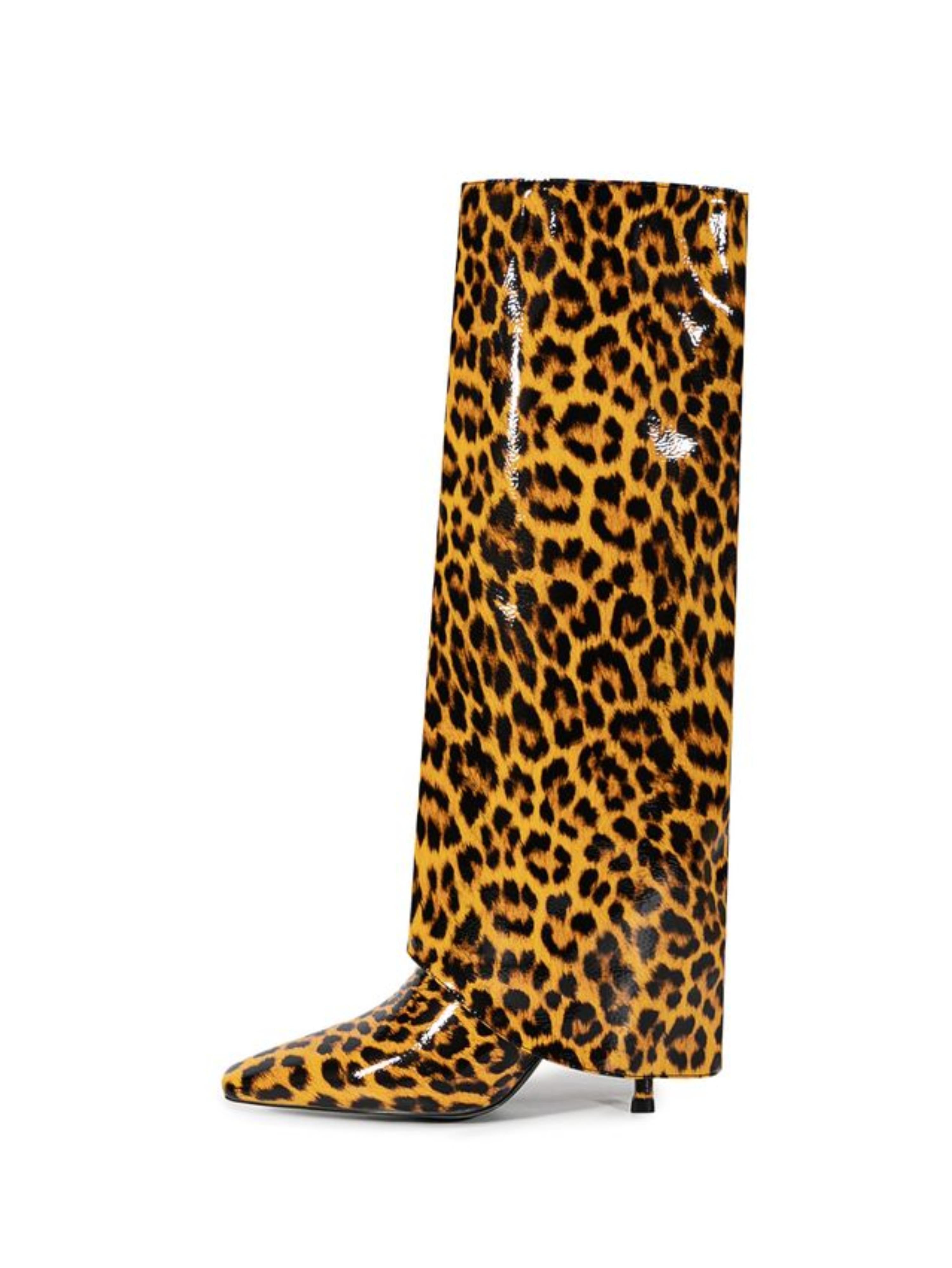 Brown Animal Print High-Heel Fold Over Long Boots