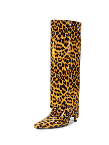 Brown Animal Print High-Heel Fold Over Long Boots