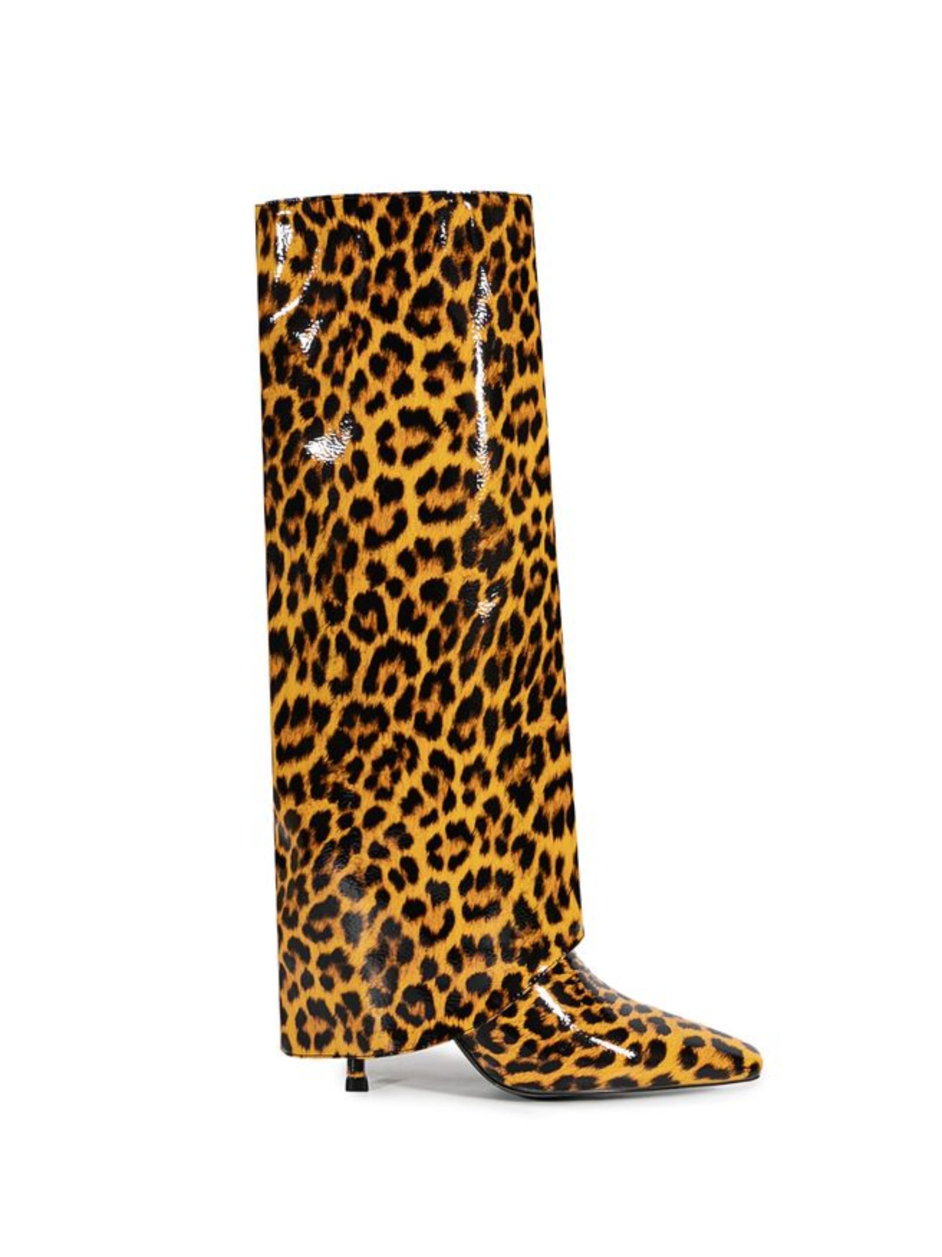 Brown Animal Print High-Heel Fold Over Long Boots