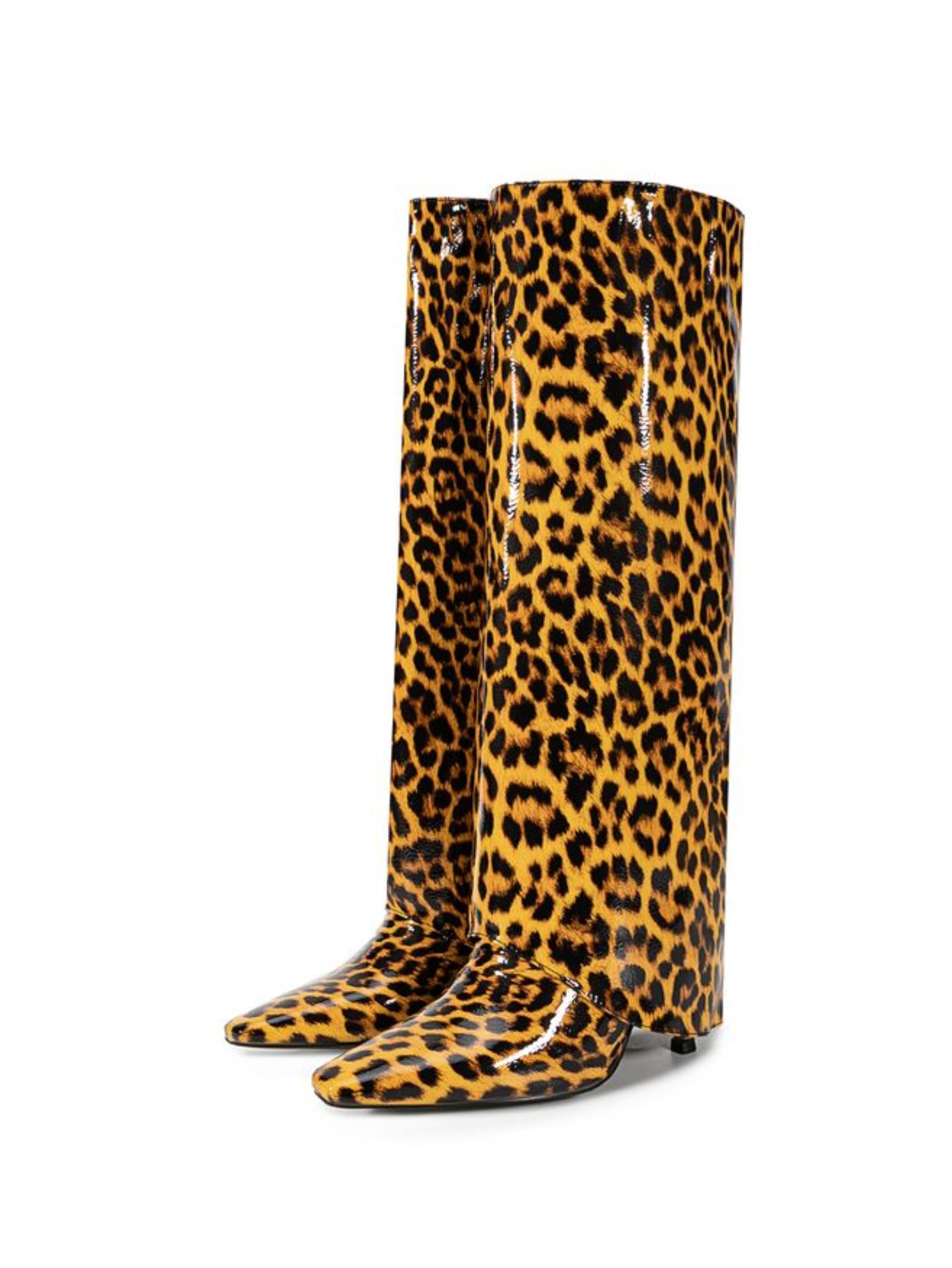 Brown Animal Print High-Heel Fold Over Long Boots