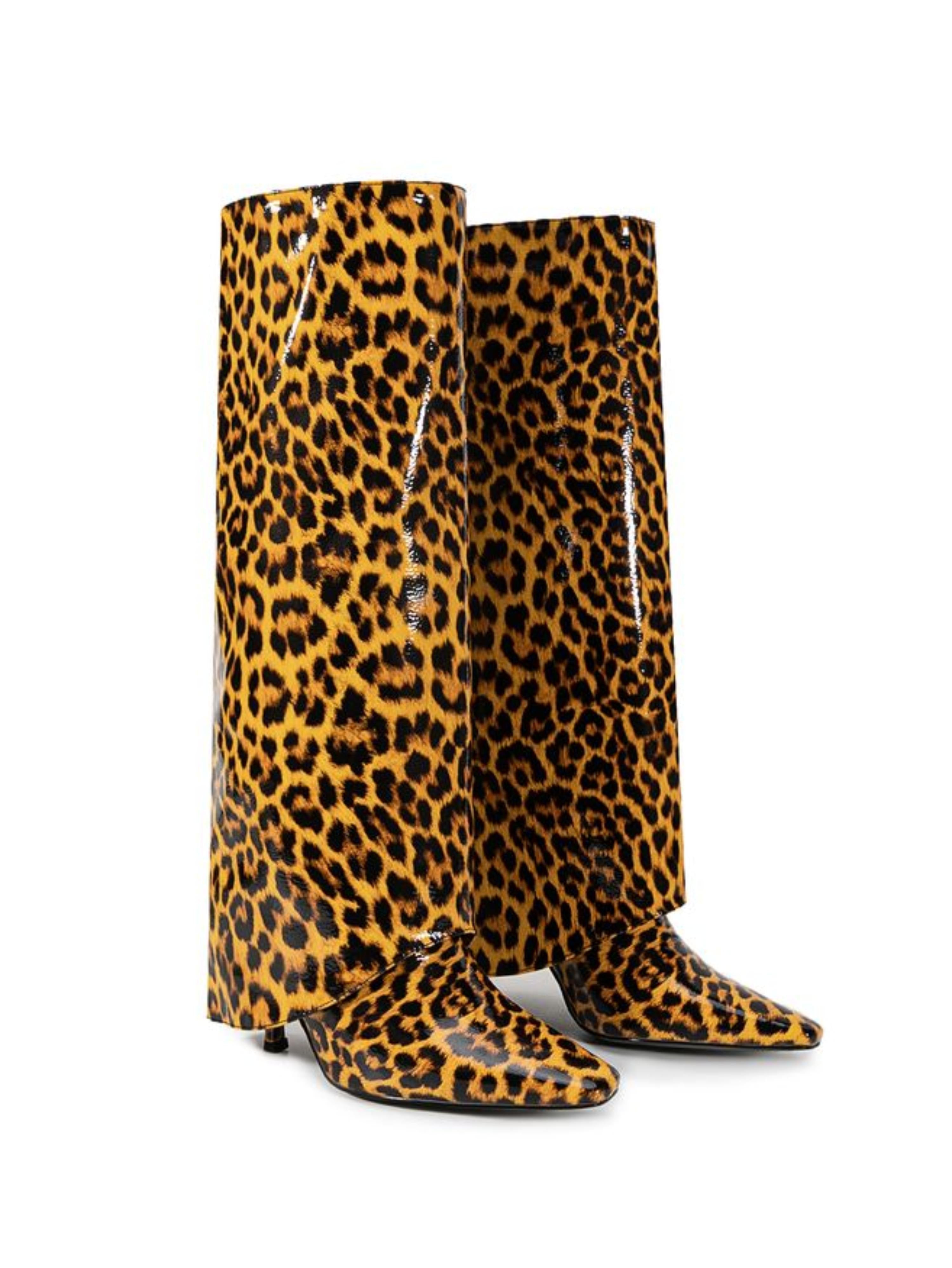 Brown Animal Print High-Heel Fold Over Long Boots