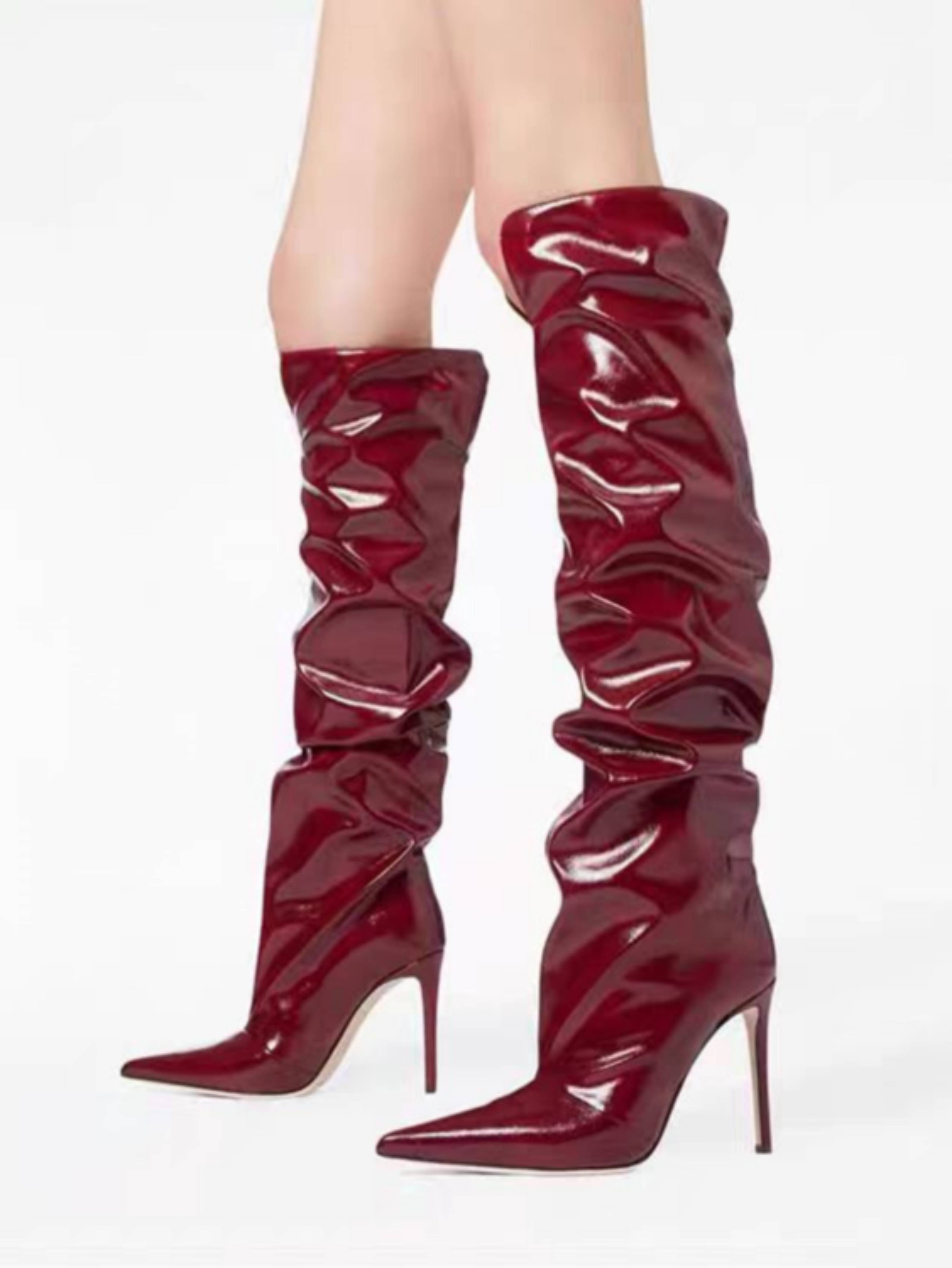 Burgundy Patent Leather High-Heel Knee-High Boots Women