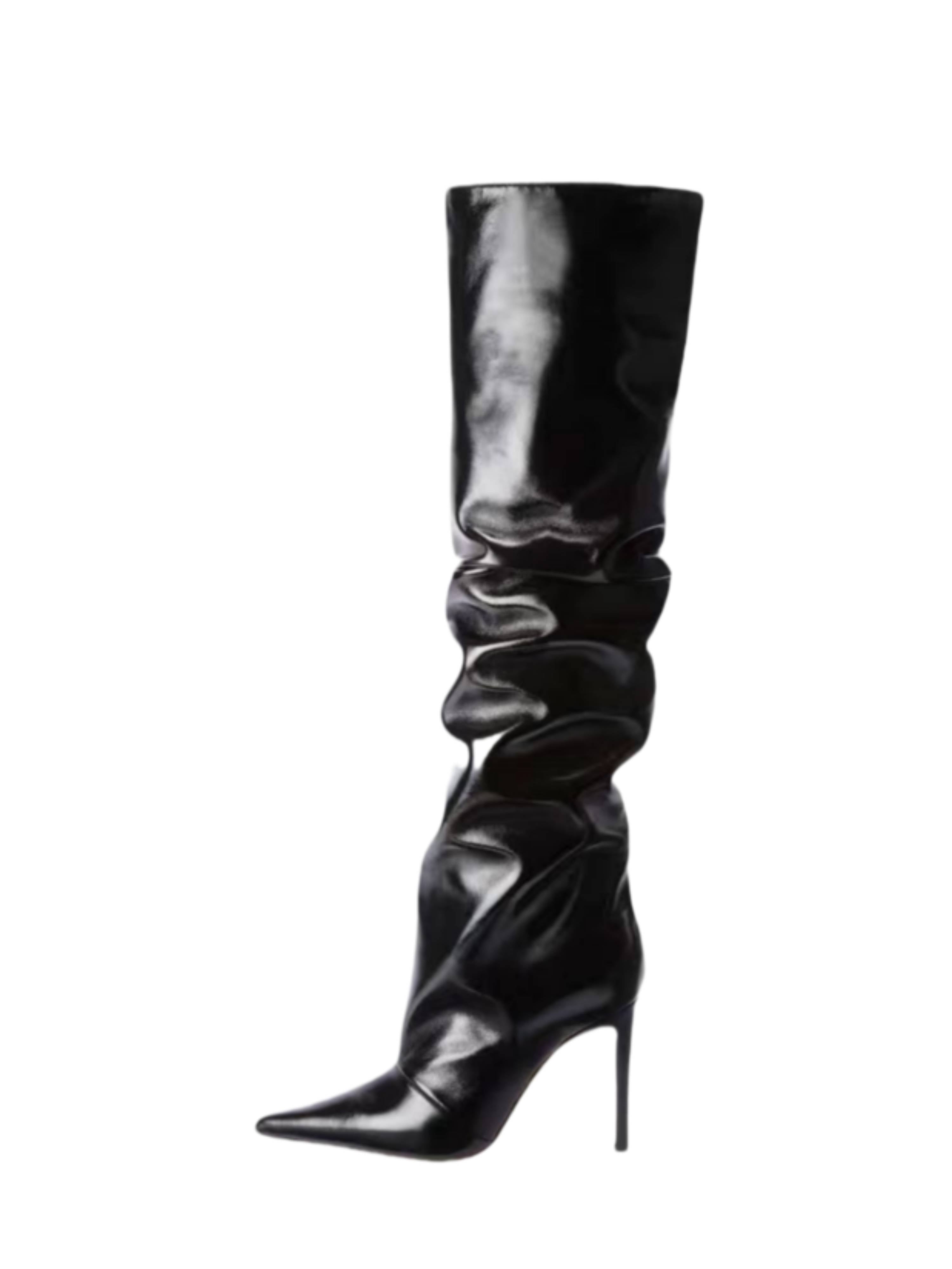 Black Slouchy Stiletto High-Heel Knee-High Boots