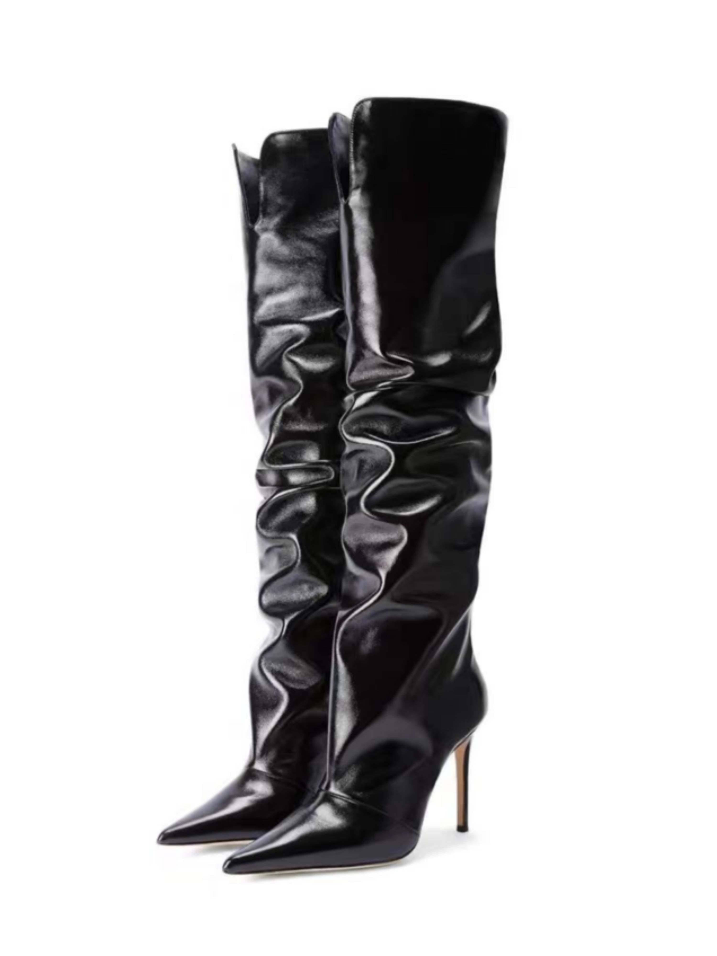 Black Slouchy Stiletto High-Heel Knee-High Boots