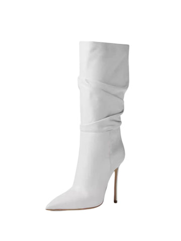 White Faux Leather Slouchy Mid-Calf Boots for Women