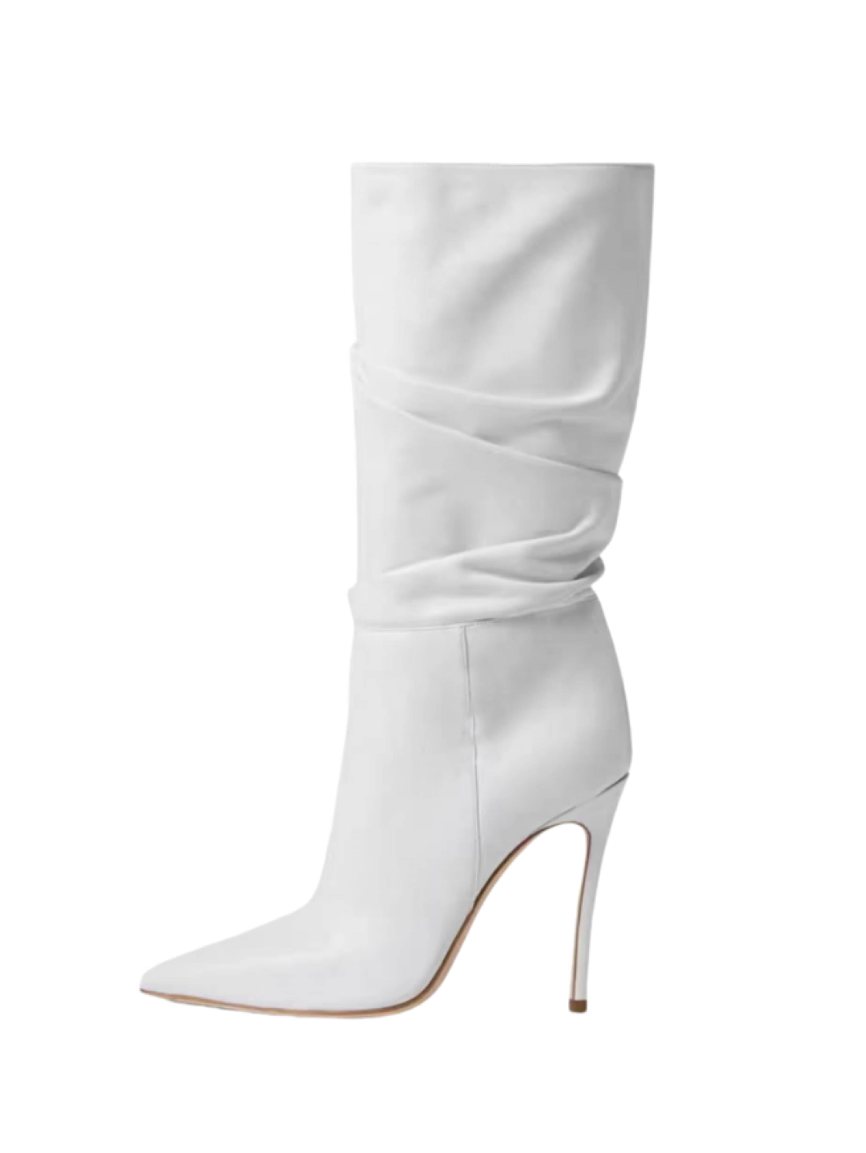 White Faux Leather Slouchy Mid-Calf Boots for Women