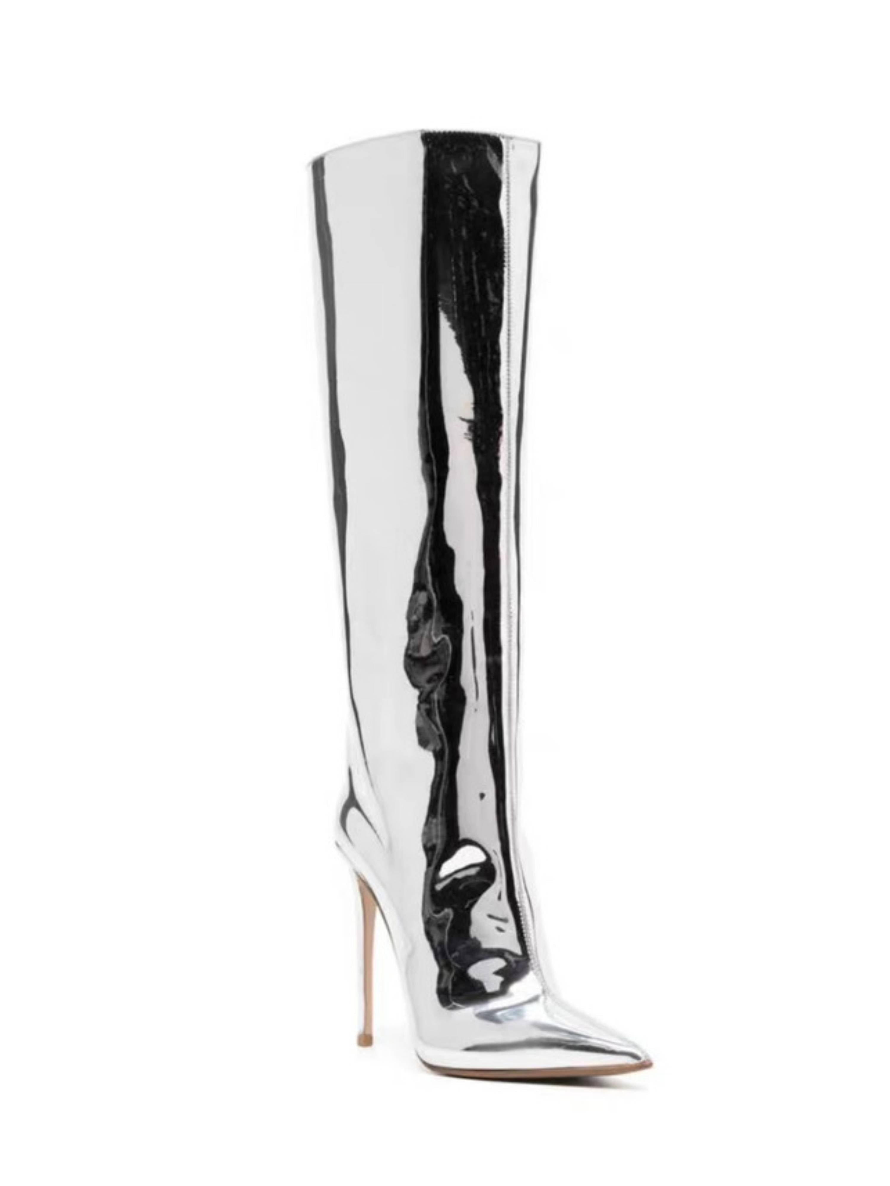 Silver Mirror Finish High-Heel Mid-Calf Boots