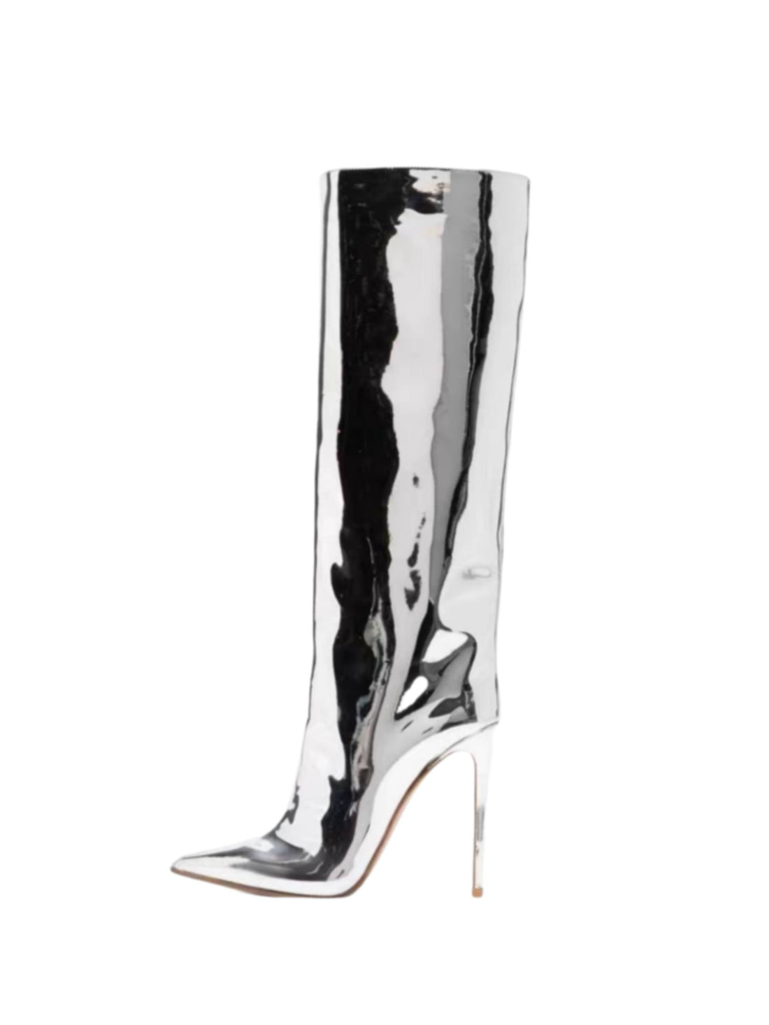 Silver Mirror Finish High-Heel Mid-Calf Boots
