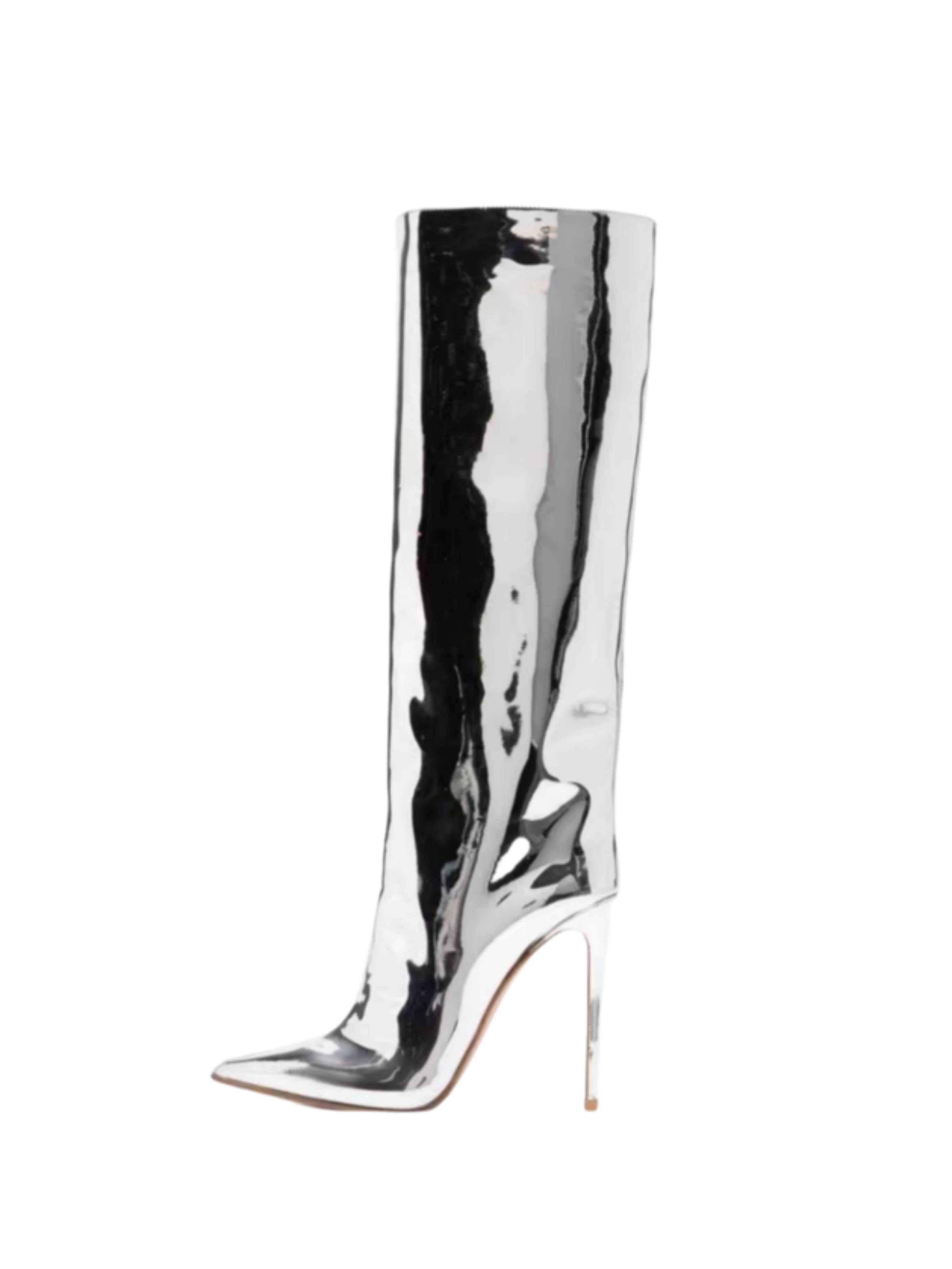Silver Mirror Finish High-Heel Mid-Calf Boots