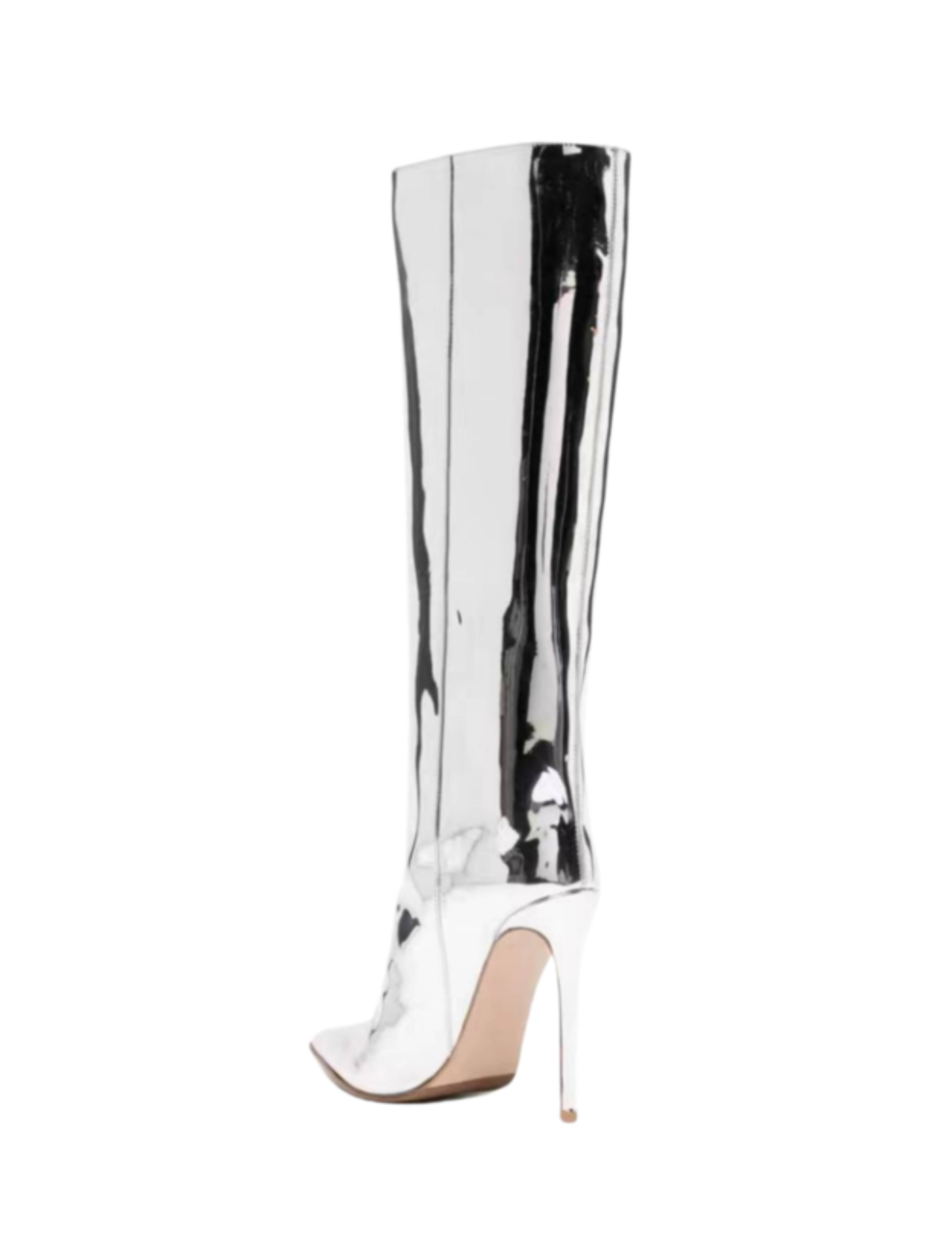 Silver Mirror Finish High-Heel Mid-Calf Boots