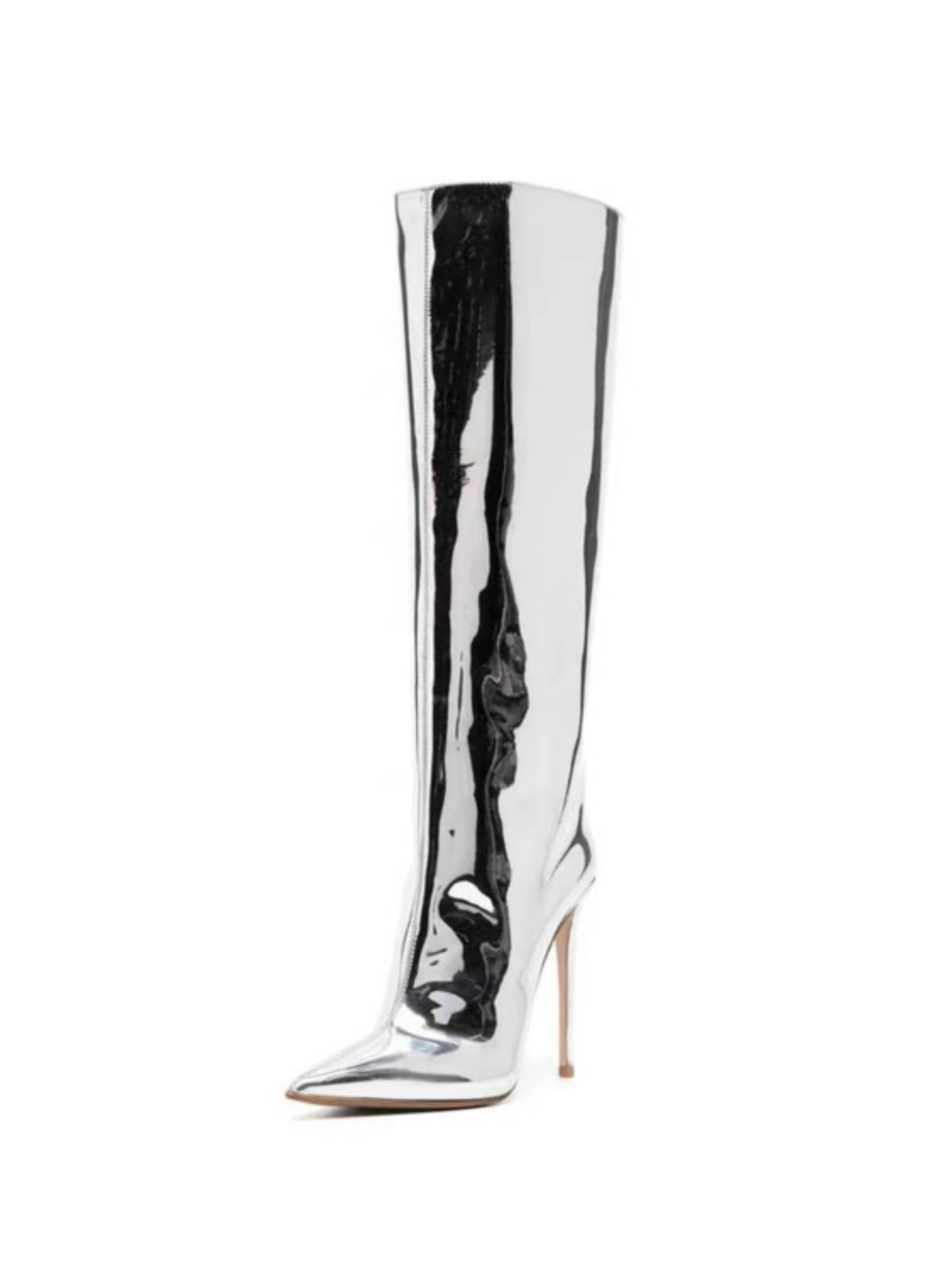 Silver Mirror Finish High-Heel Mid-Calf Boots