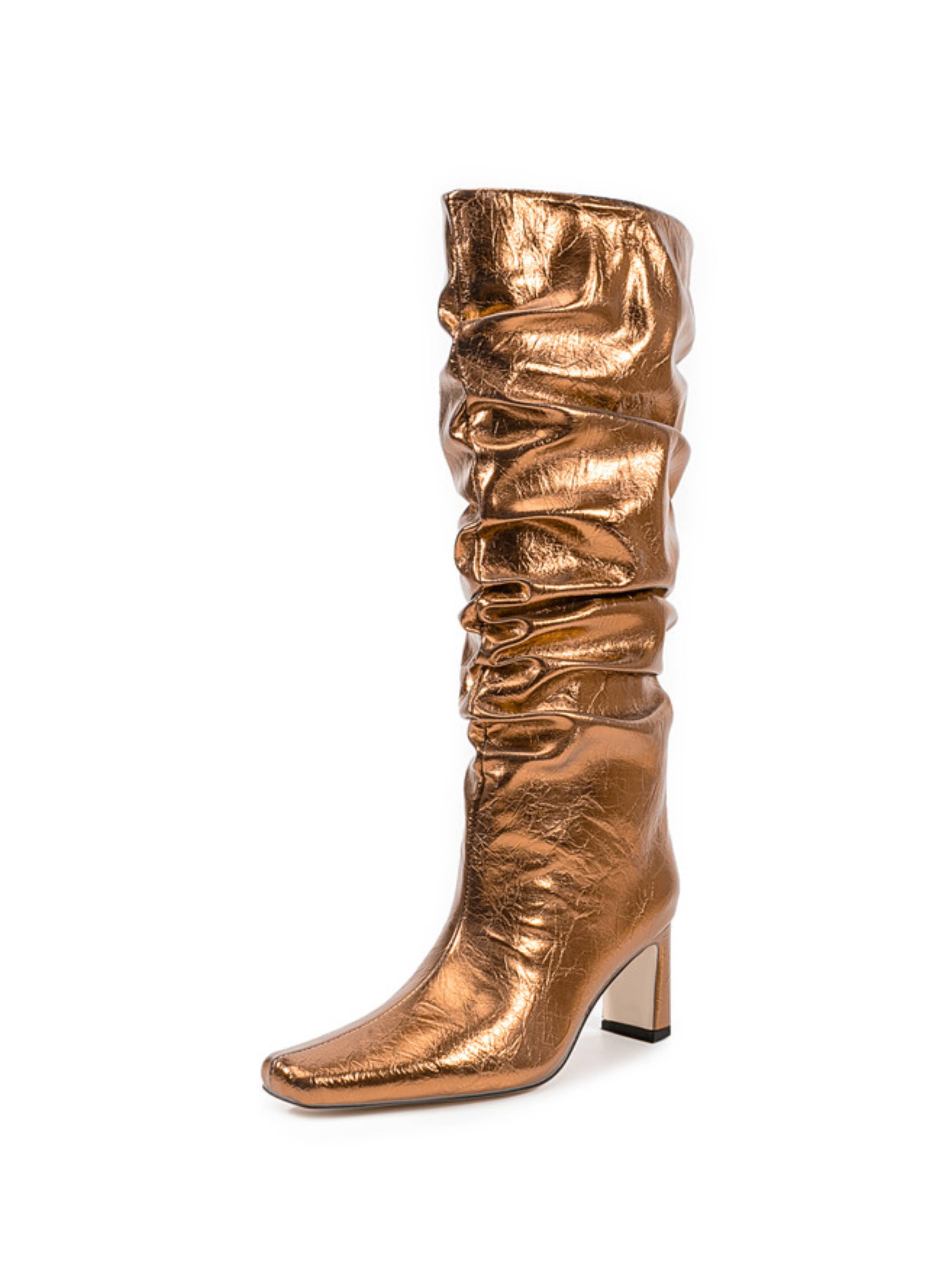 Bronze Mirror Chunky Heel Slouchy Tall Boots
