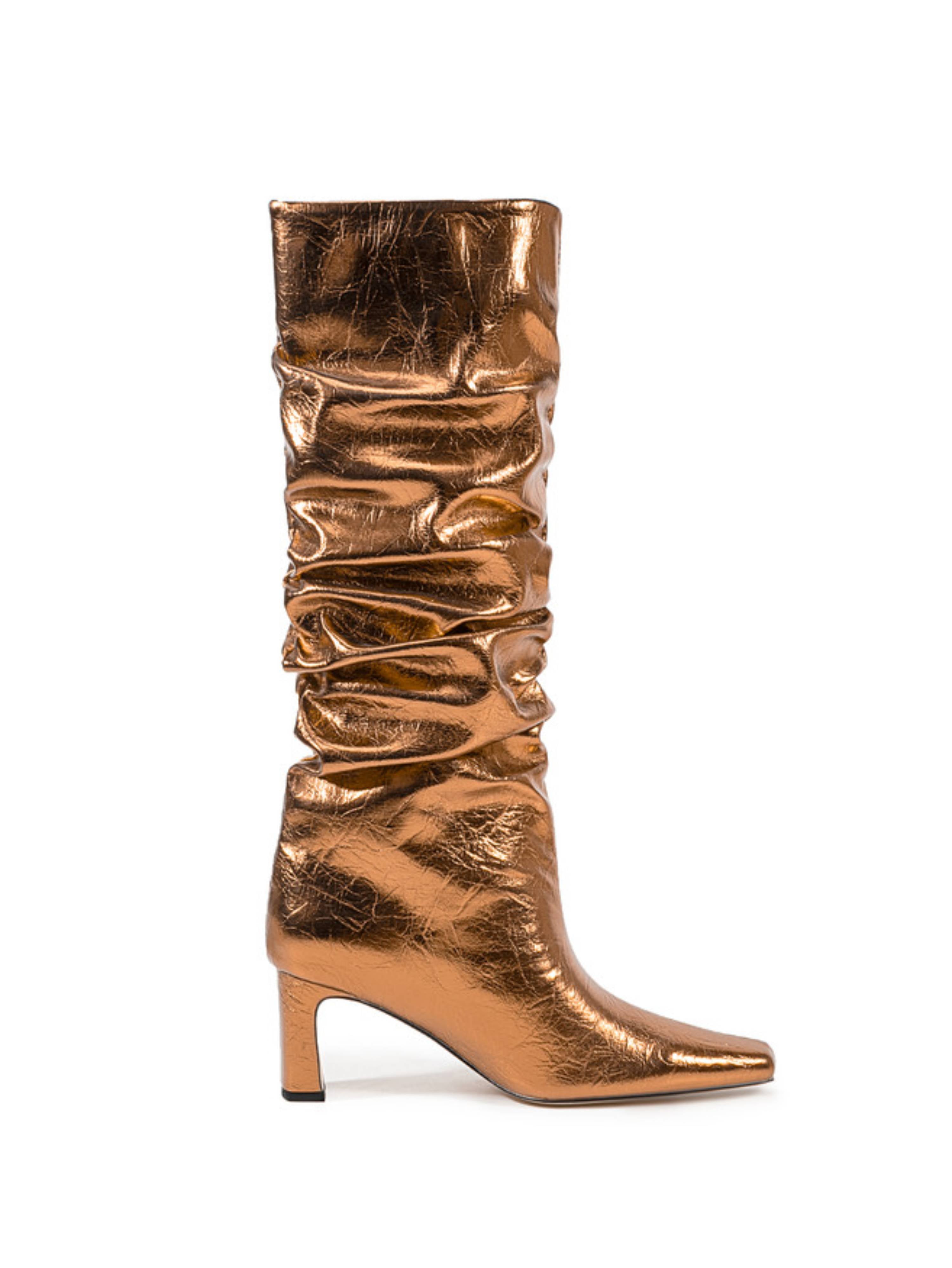 Bronze Mirror Chunky Heel Slouchy Tall Boots
