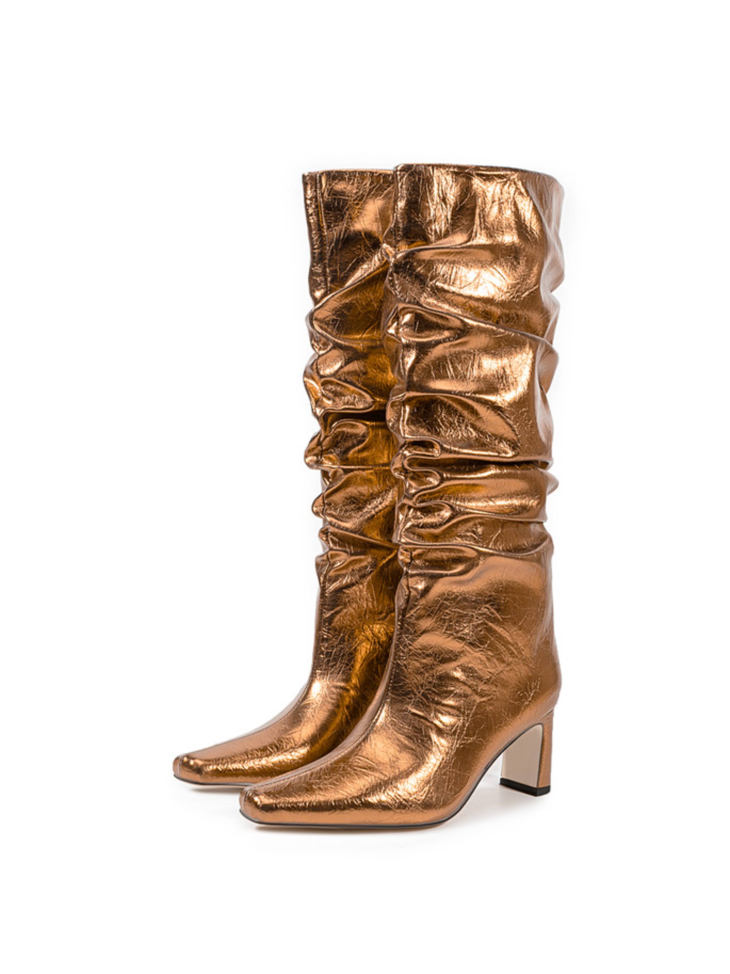 Bronze Mirror Chunky Heel Slouchy Tall Boots