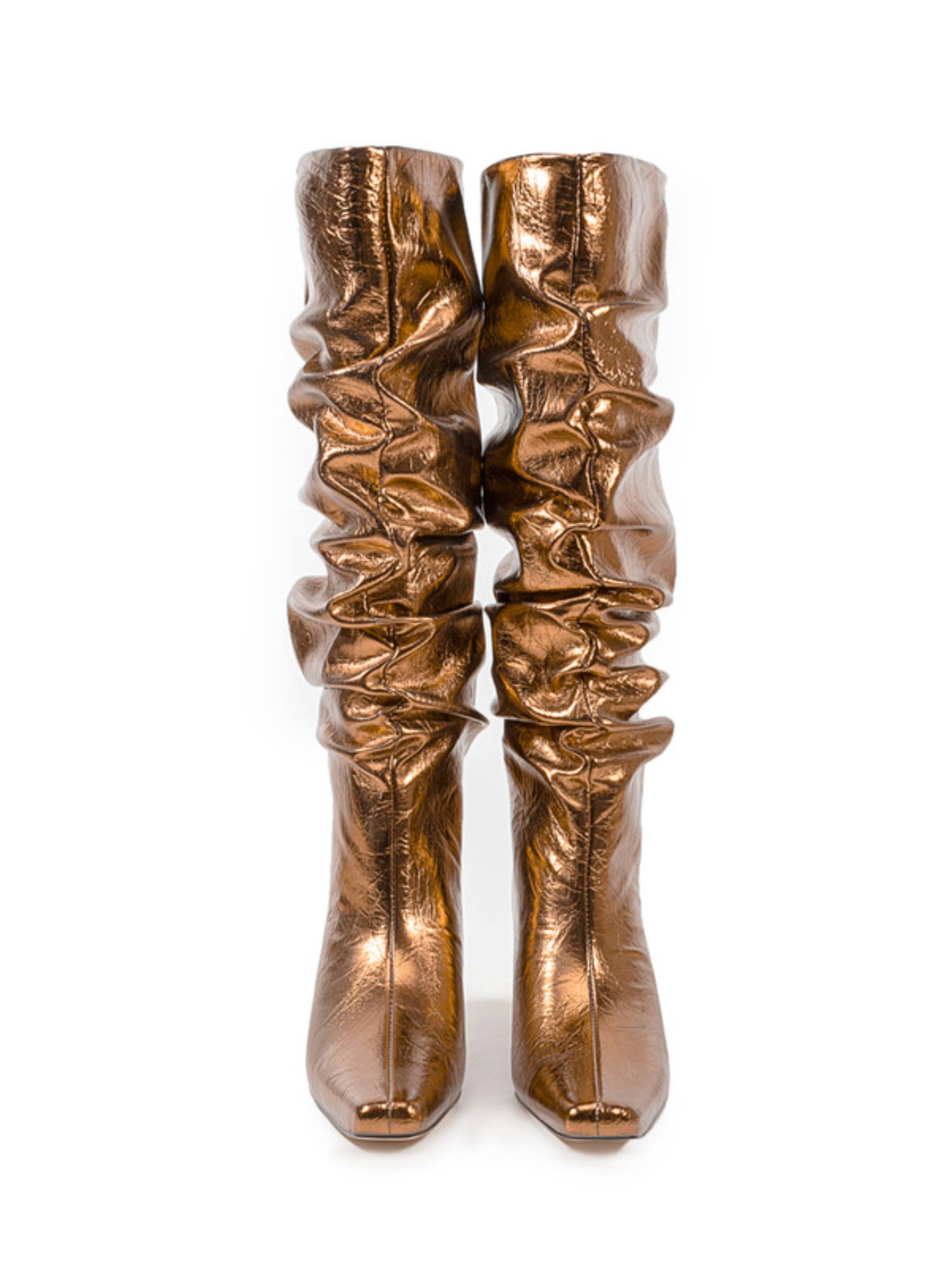 Bronze Mirror Chunky Heel Slouchy Tall Boots