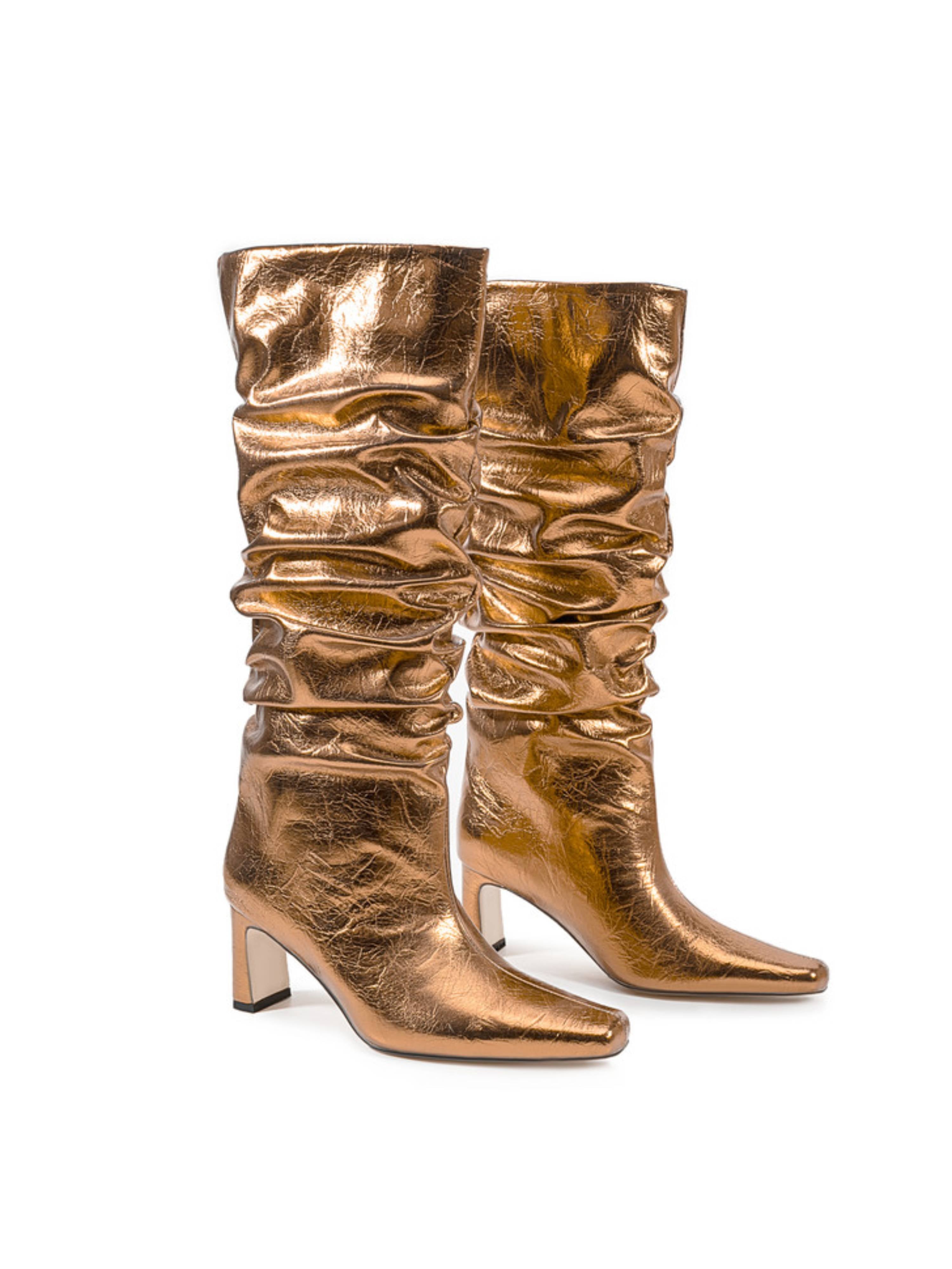 Bronze Mirror Chunky Heel Slouchy Tall Boots