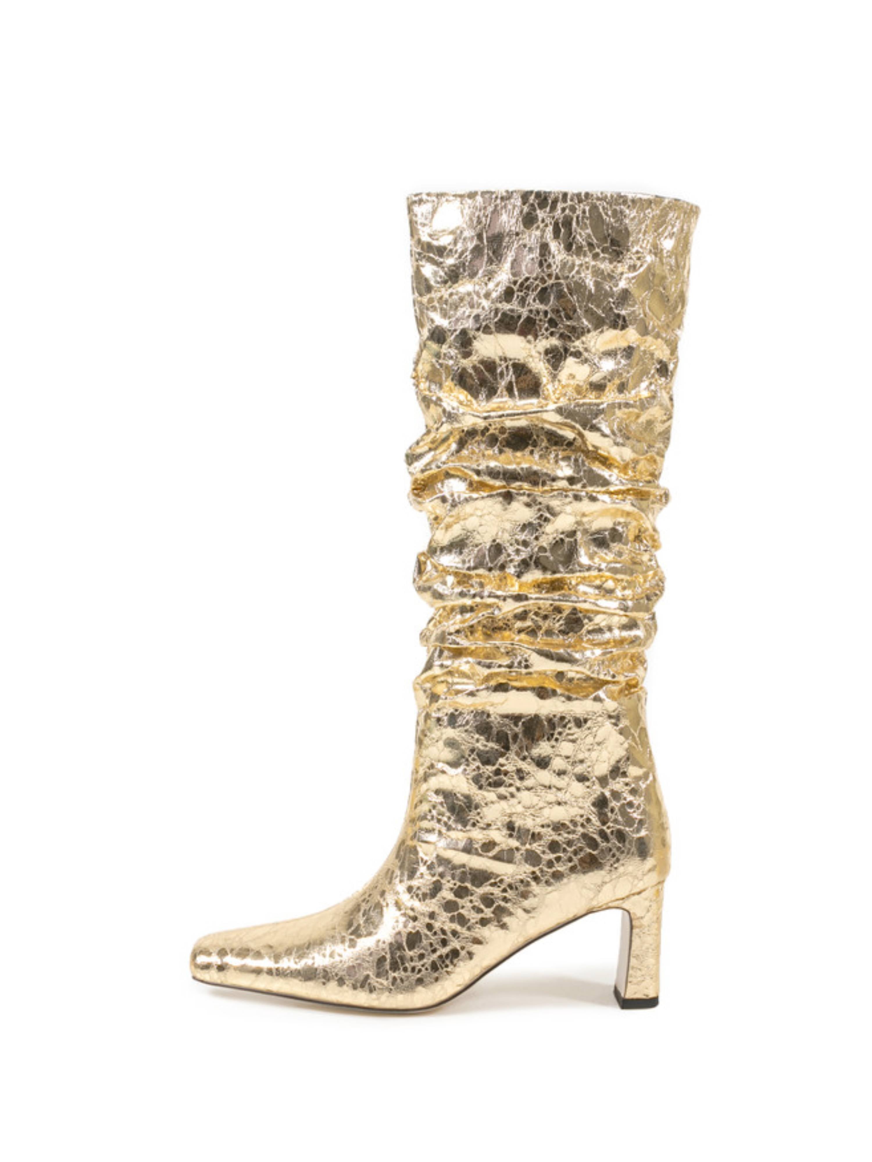 Gold Mirror Slouchy Chunky Heel Long Boots Women