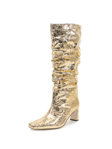 Gold Mirror Slouchy Chunky Heel Long Boots Women