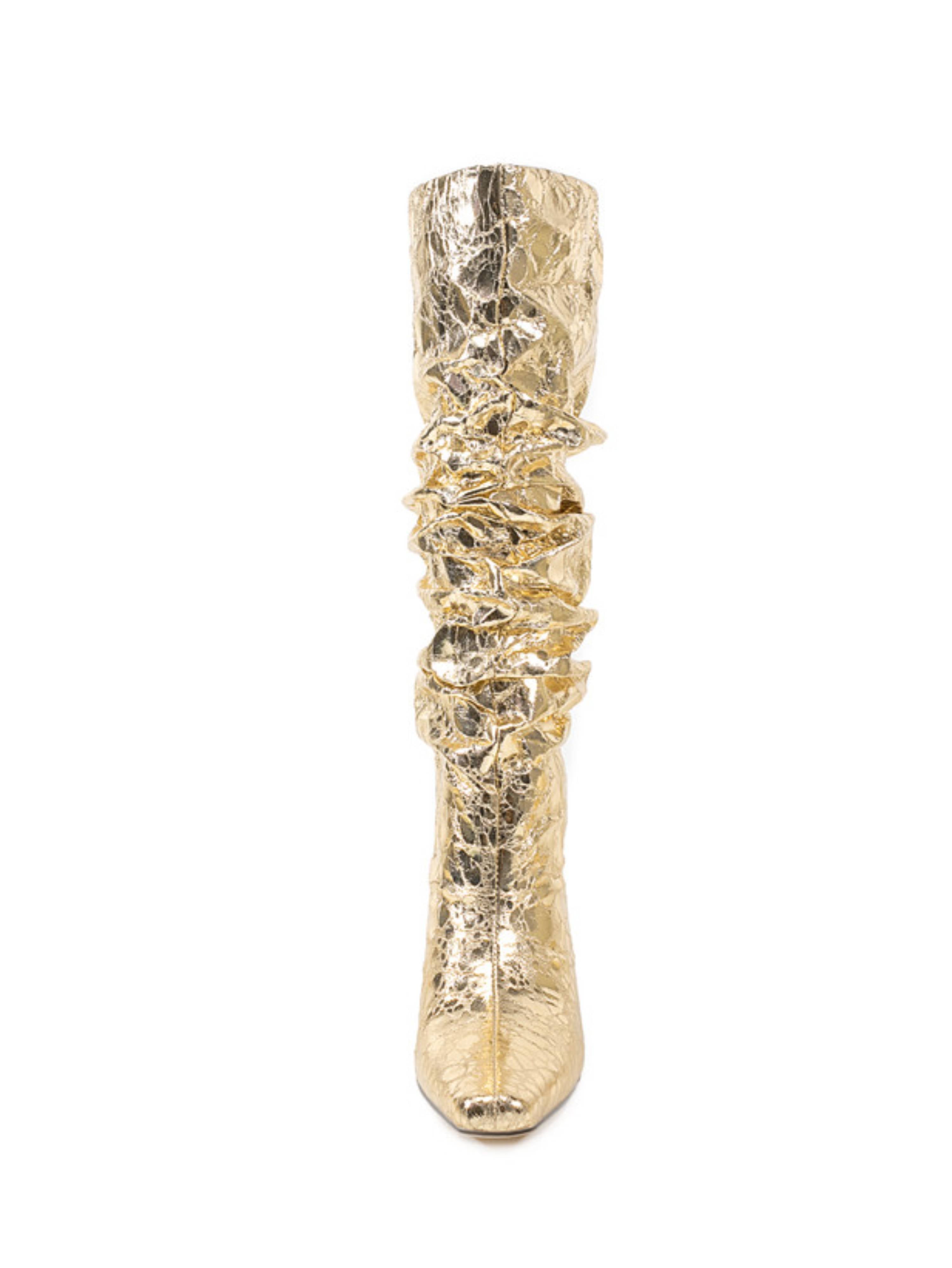 Gold Mirror Slouchy Chunky Heel Long Boots Women