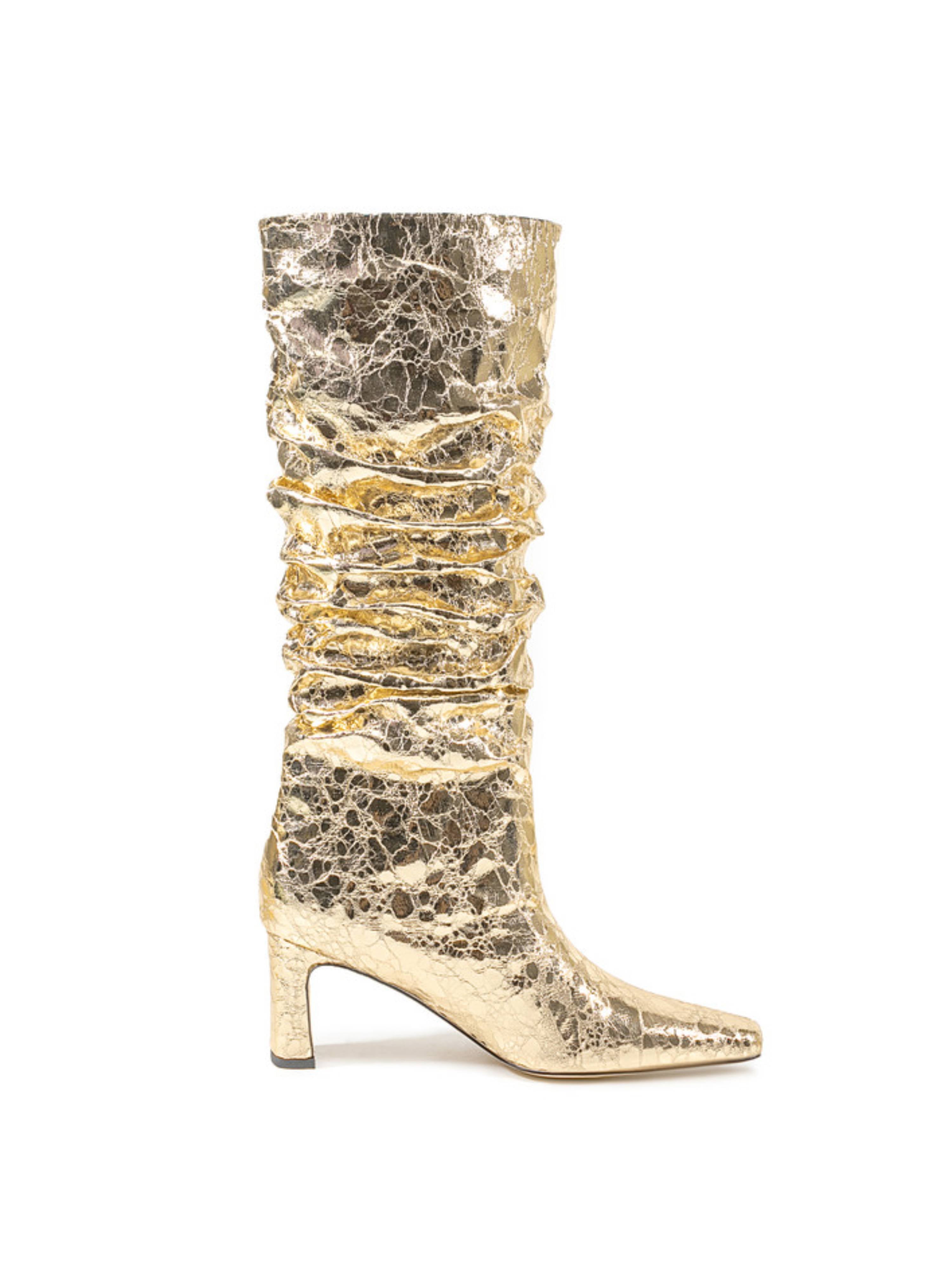 Gold Mirror Slouchy Chunky Heel Long Boots Women