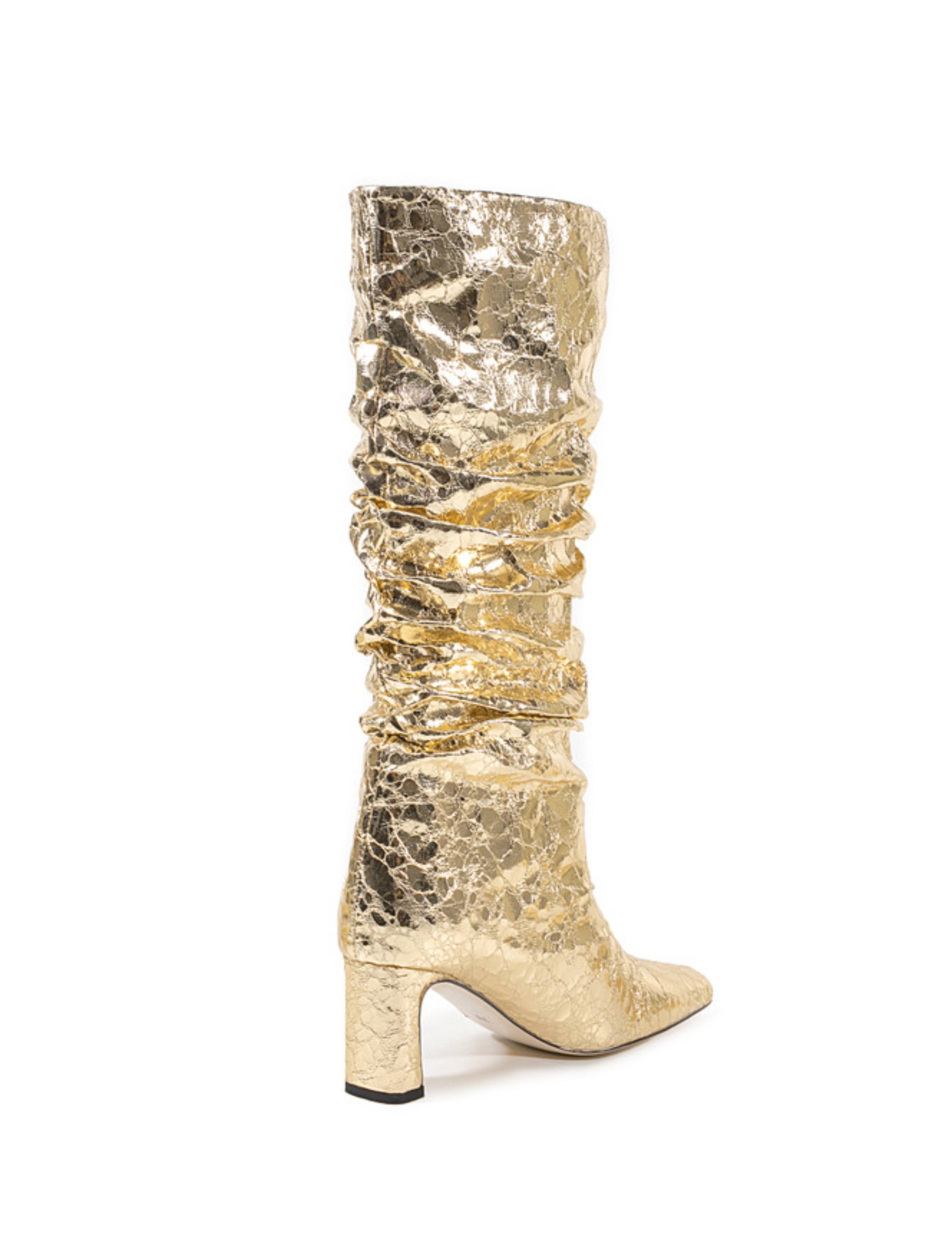 Gold Mirror Slouchy Chunky Heel Long Boots Women