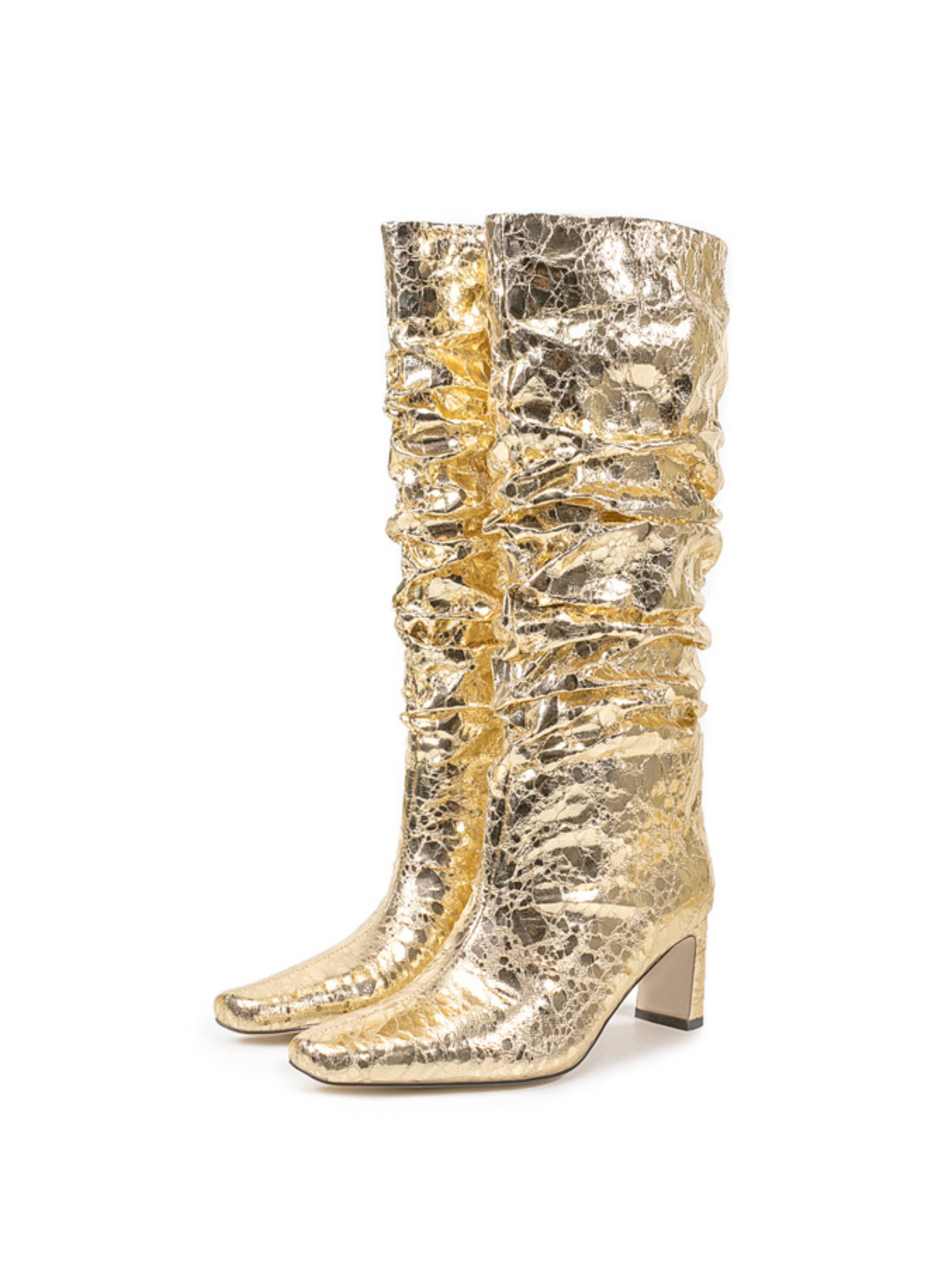 Gold Mirror Slouchy Chunky Heel Long Boots Women