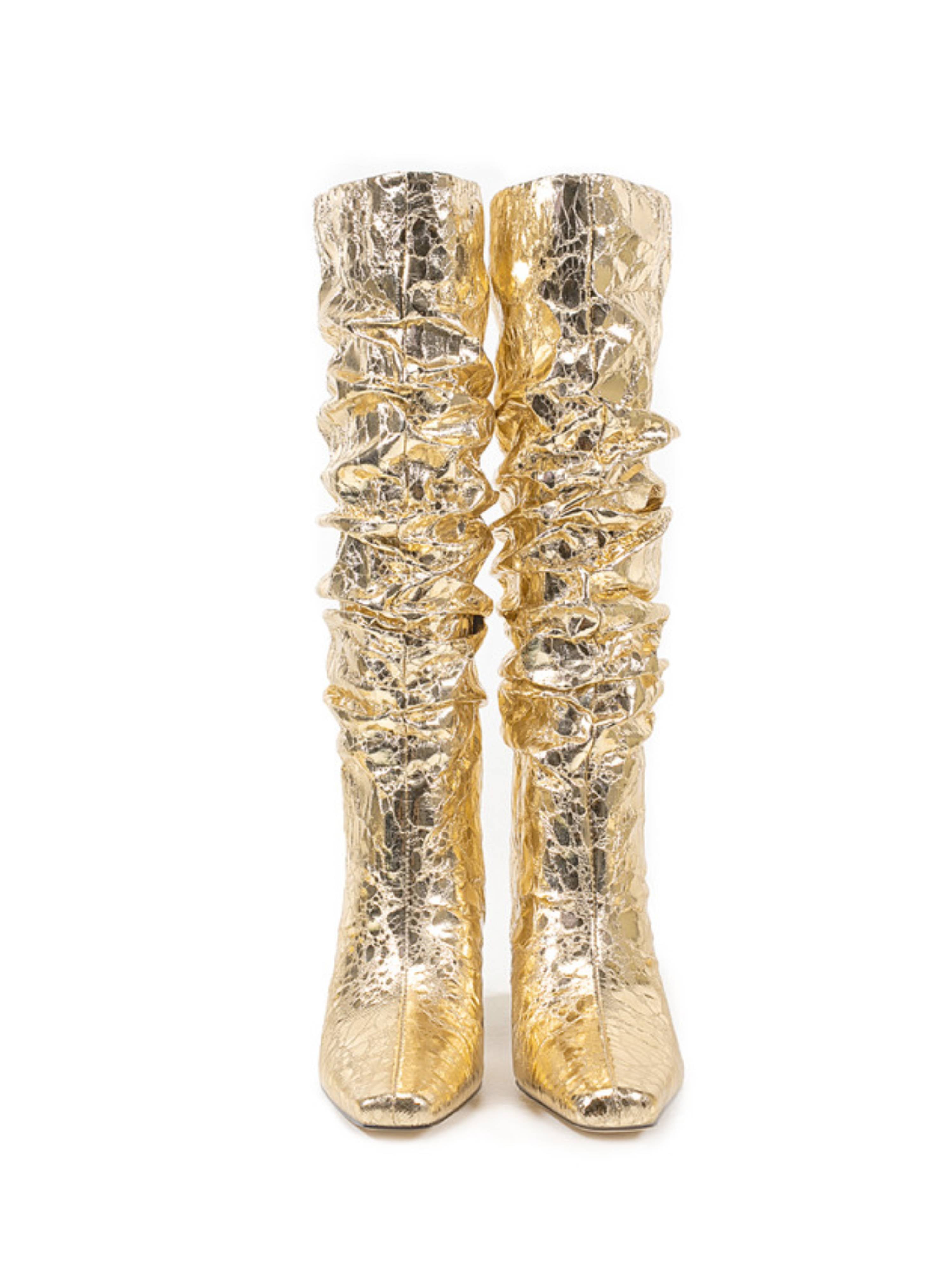 Gold Mirror Slouchy Chunky Heel Long Boots Women