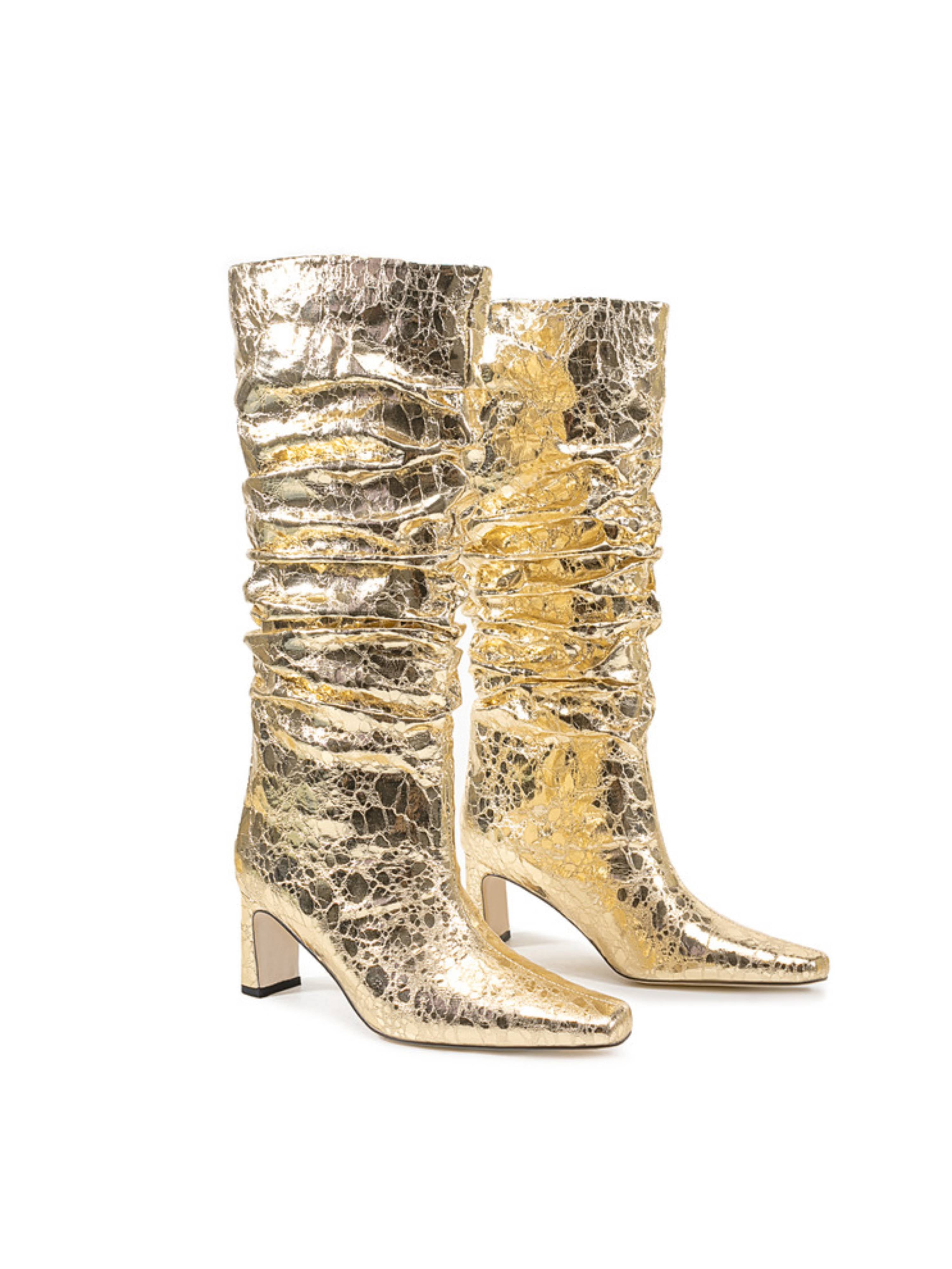 Gold Mirror Slouchy Chunky Heel Long Boots Women