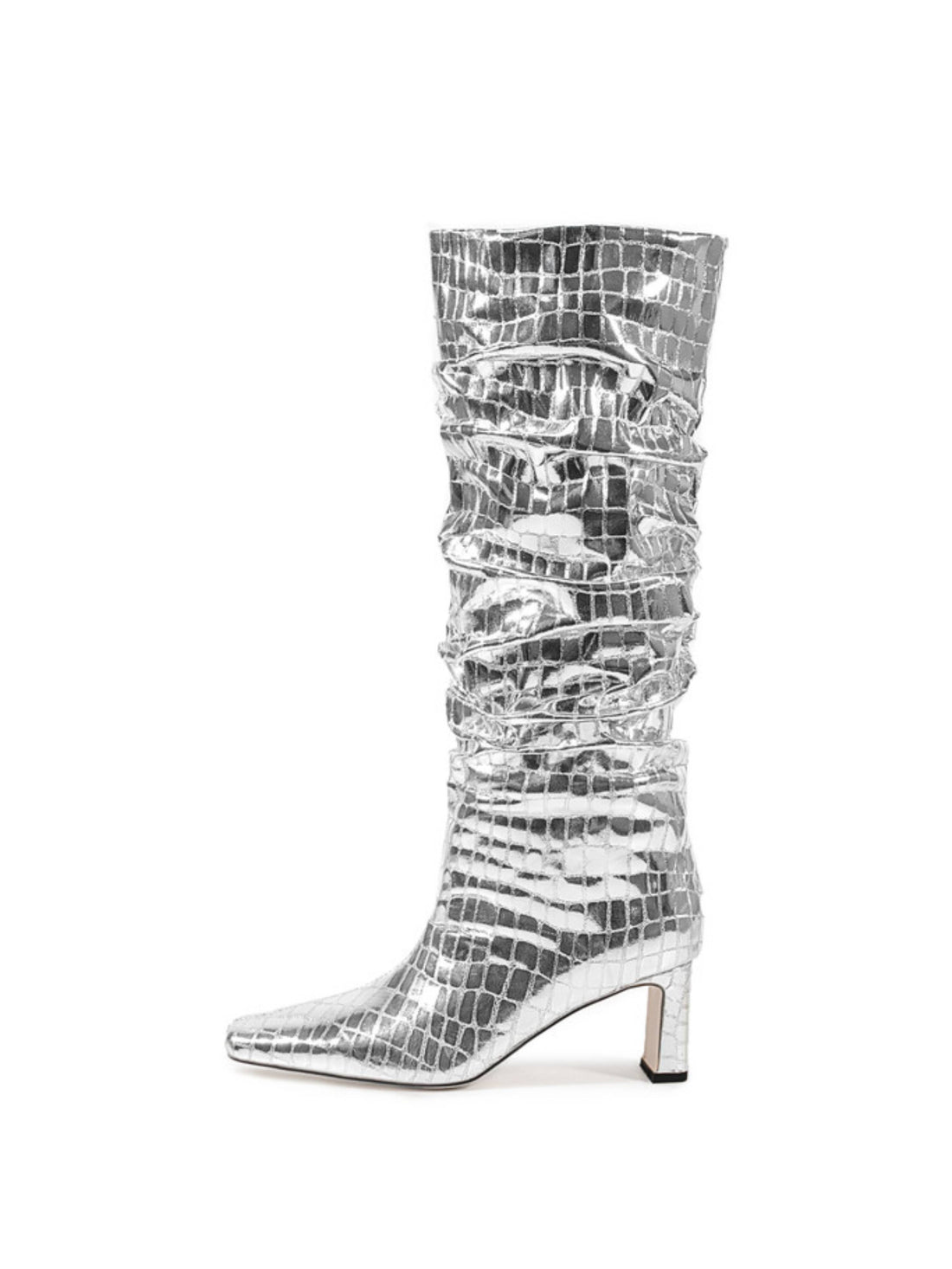 Silver Square Toe Mid-Heel Slouchy Long Boots for Women