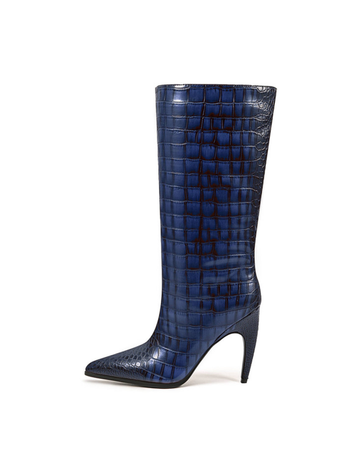 Blue Croc-Embossed High-Heel Mid-Calf Boots