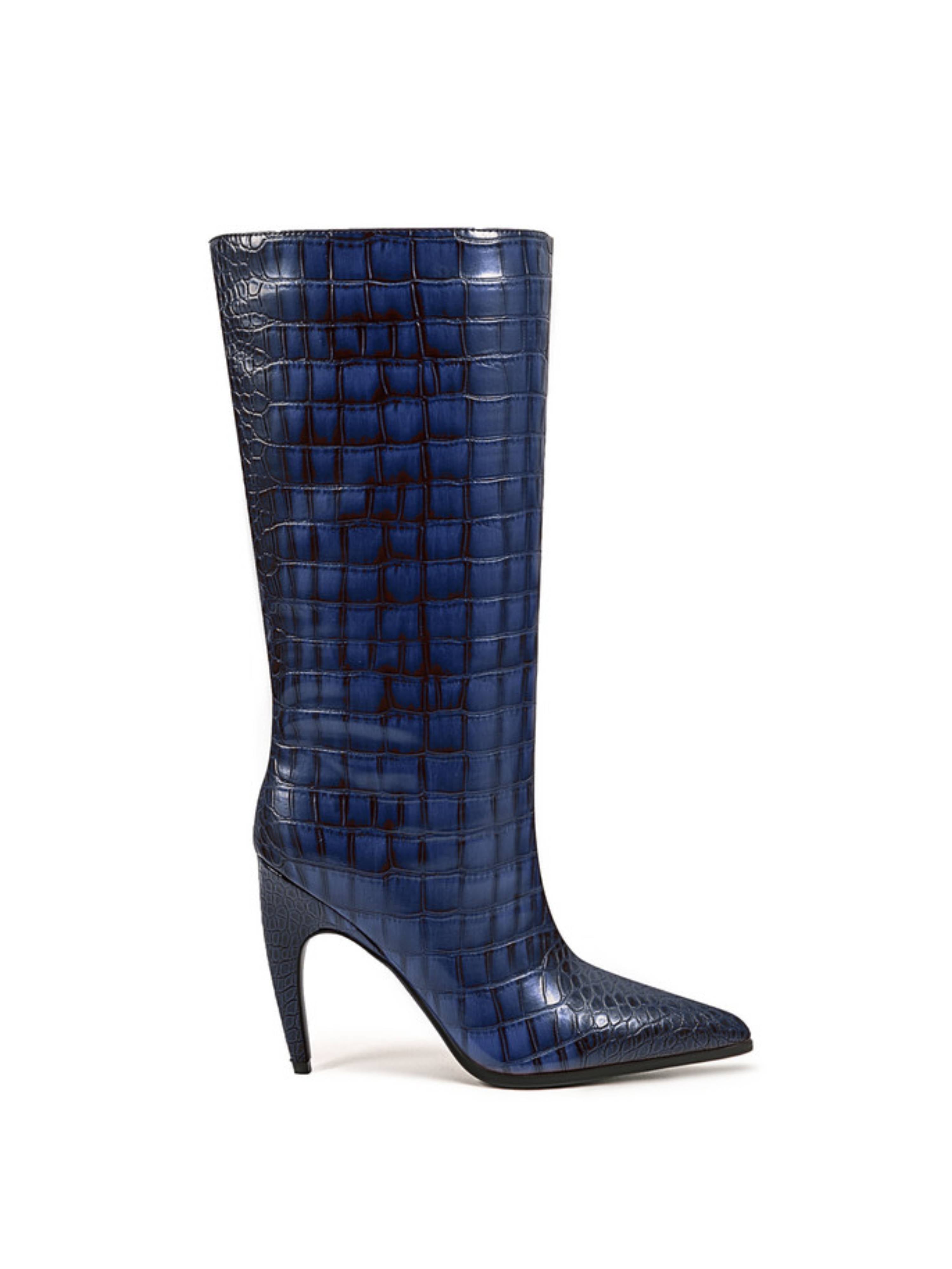 Blue Croc-Embossed High-Heel Mid-Calf Boots