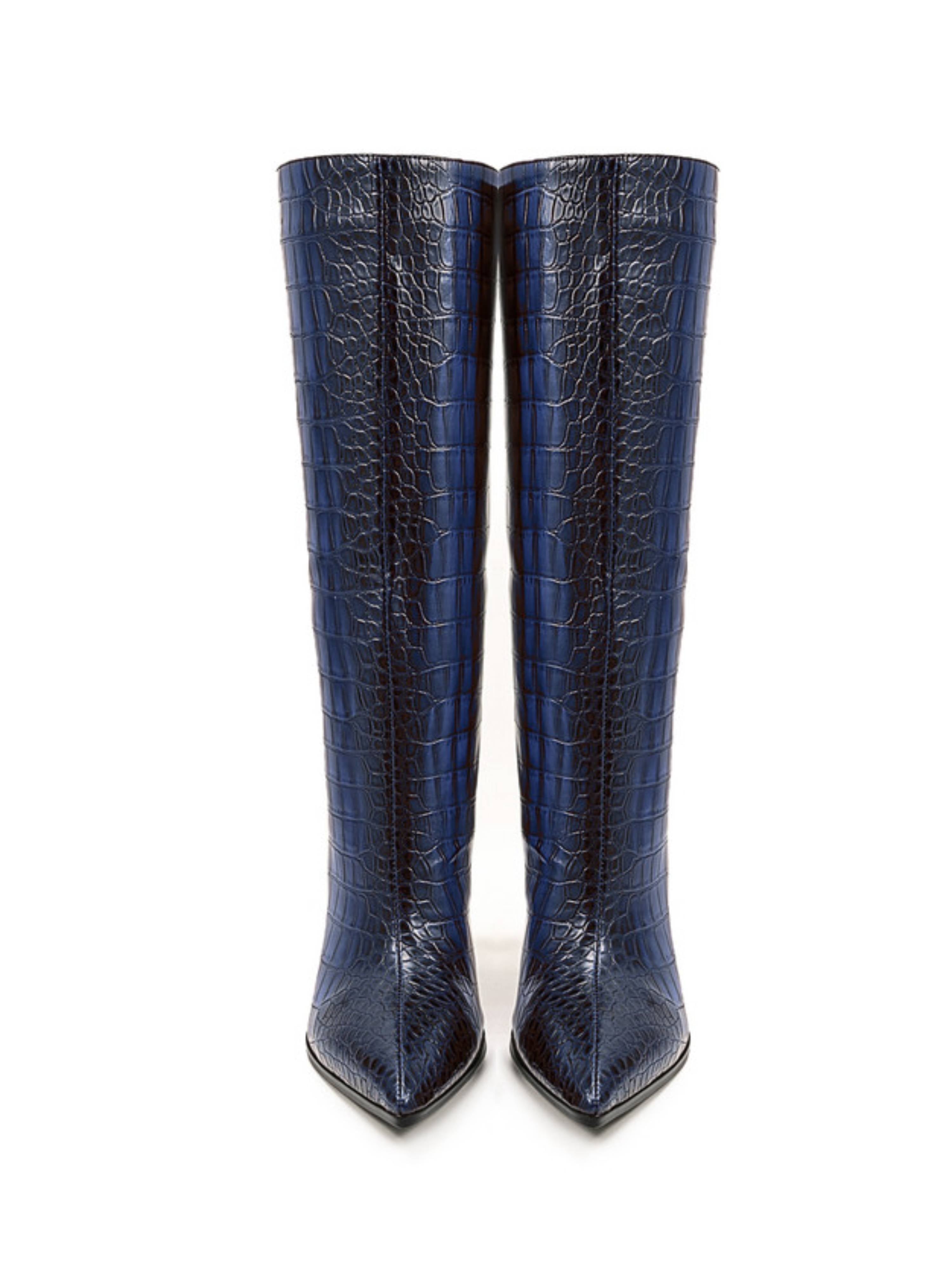 Blue Croc-Embossed High-Heel Mid-Calf Boots