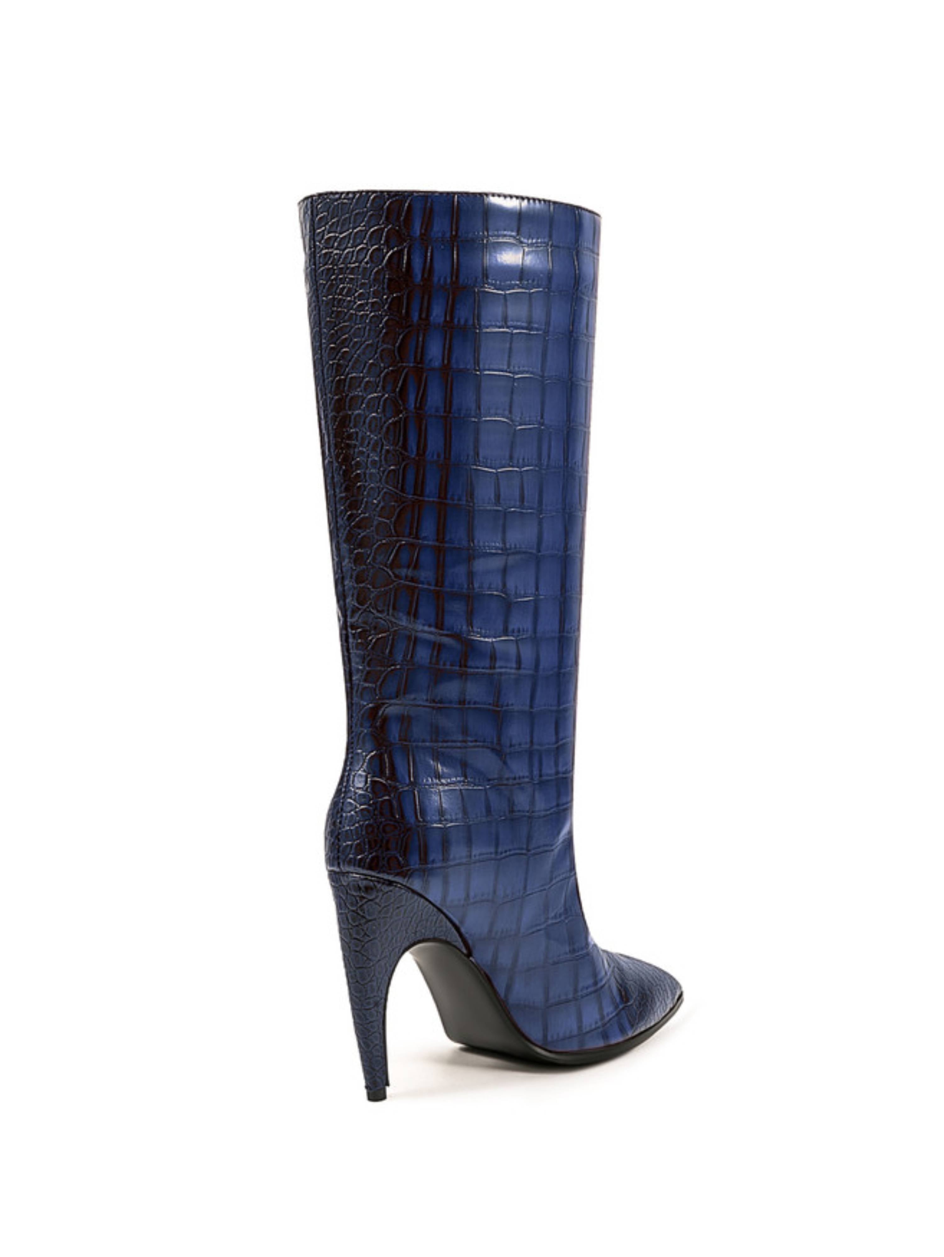 Blue Croc-Embossed High-Heel Mid-Calf Boots