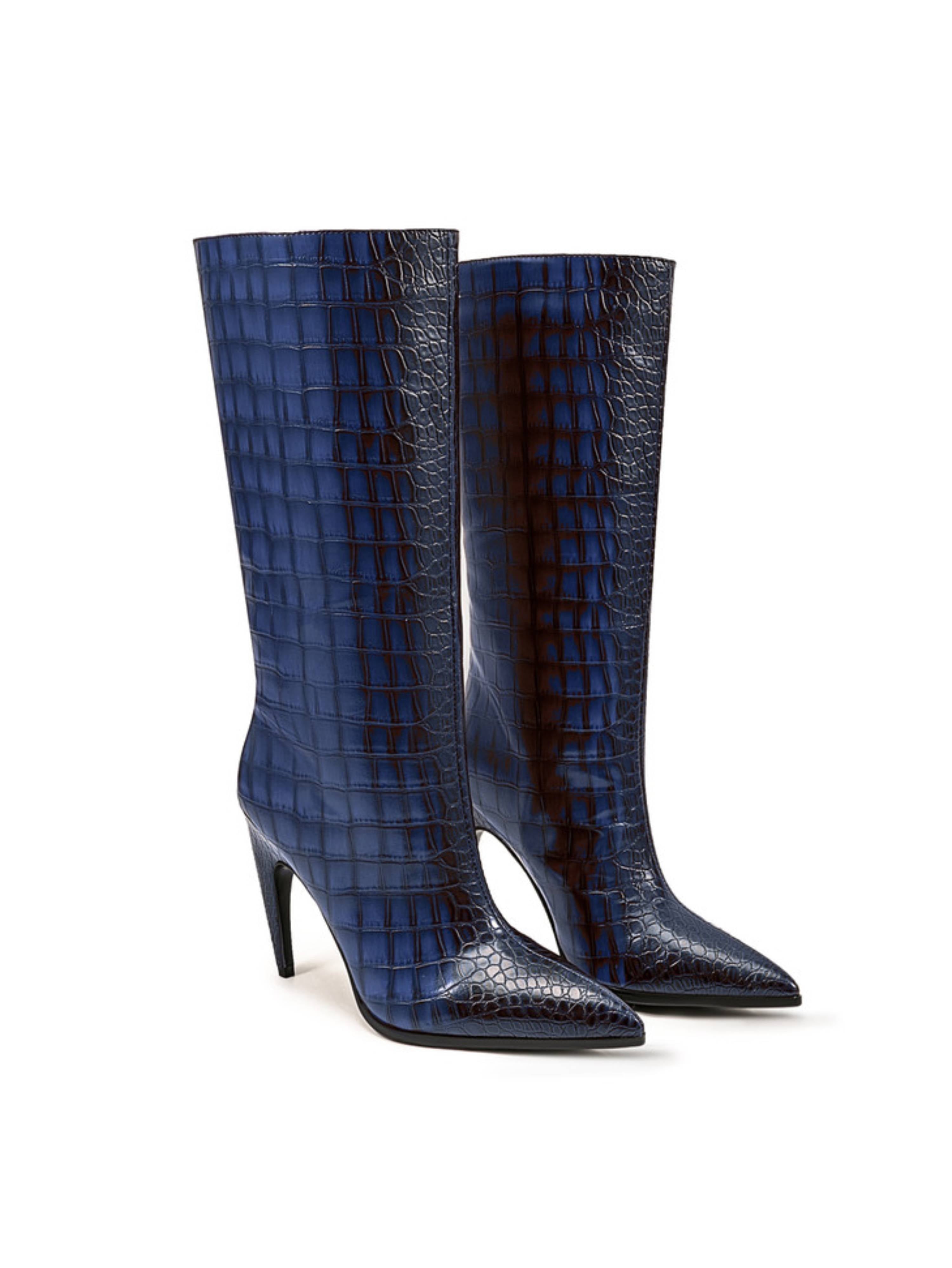 Blue Croc-Embossed High-Heel Mid-Calf Boots