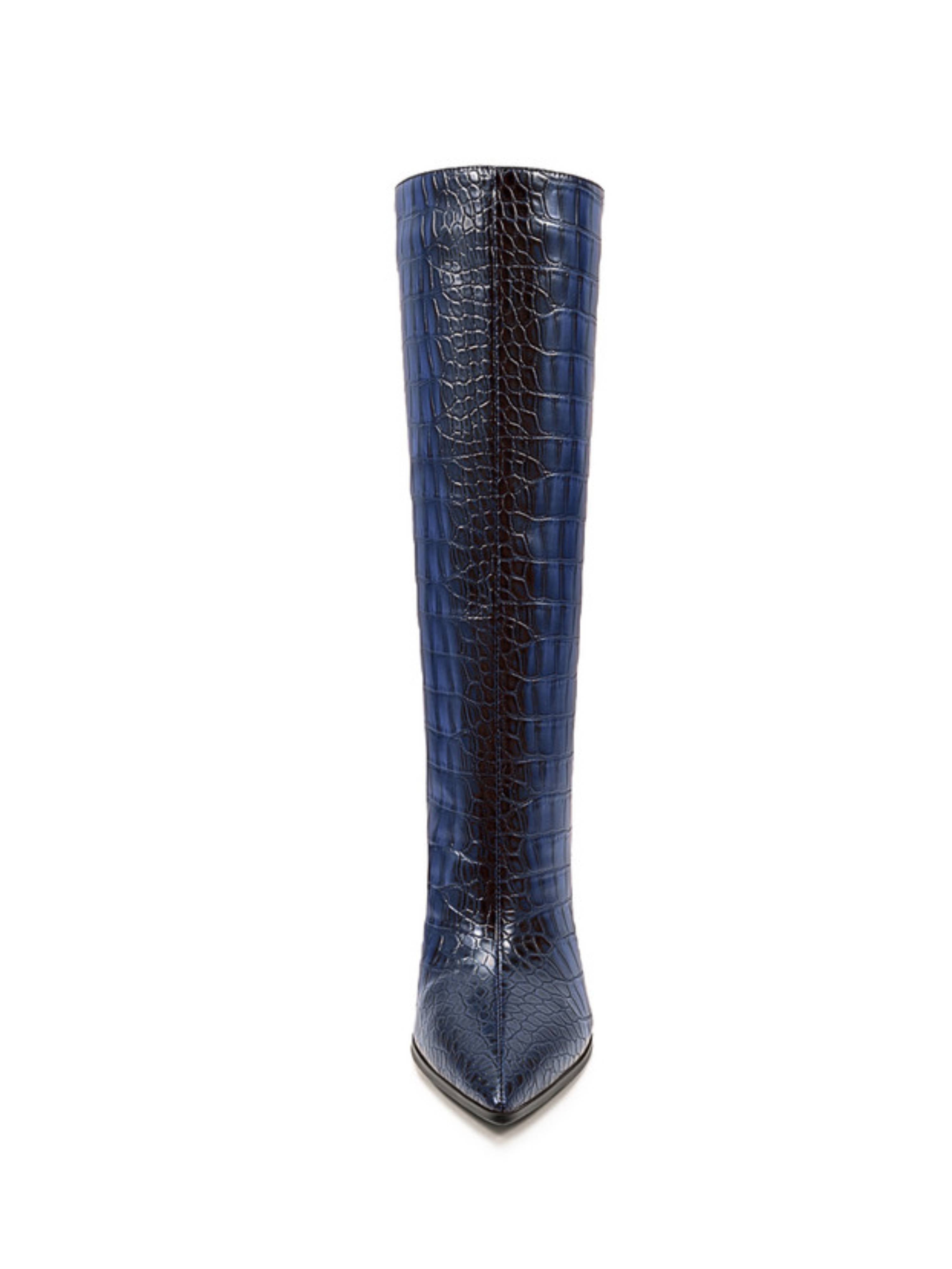 Blue Croc-Embossed High-Heel Mid-Calf Boots
