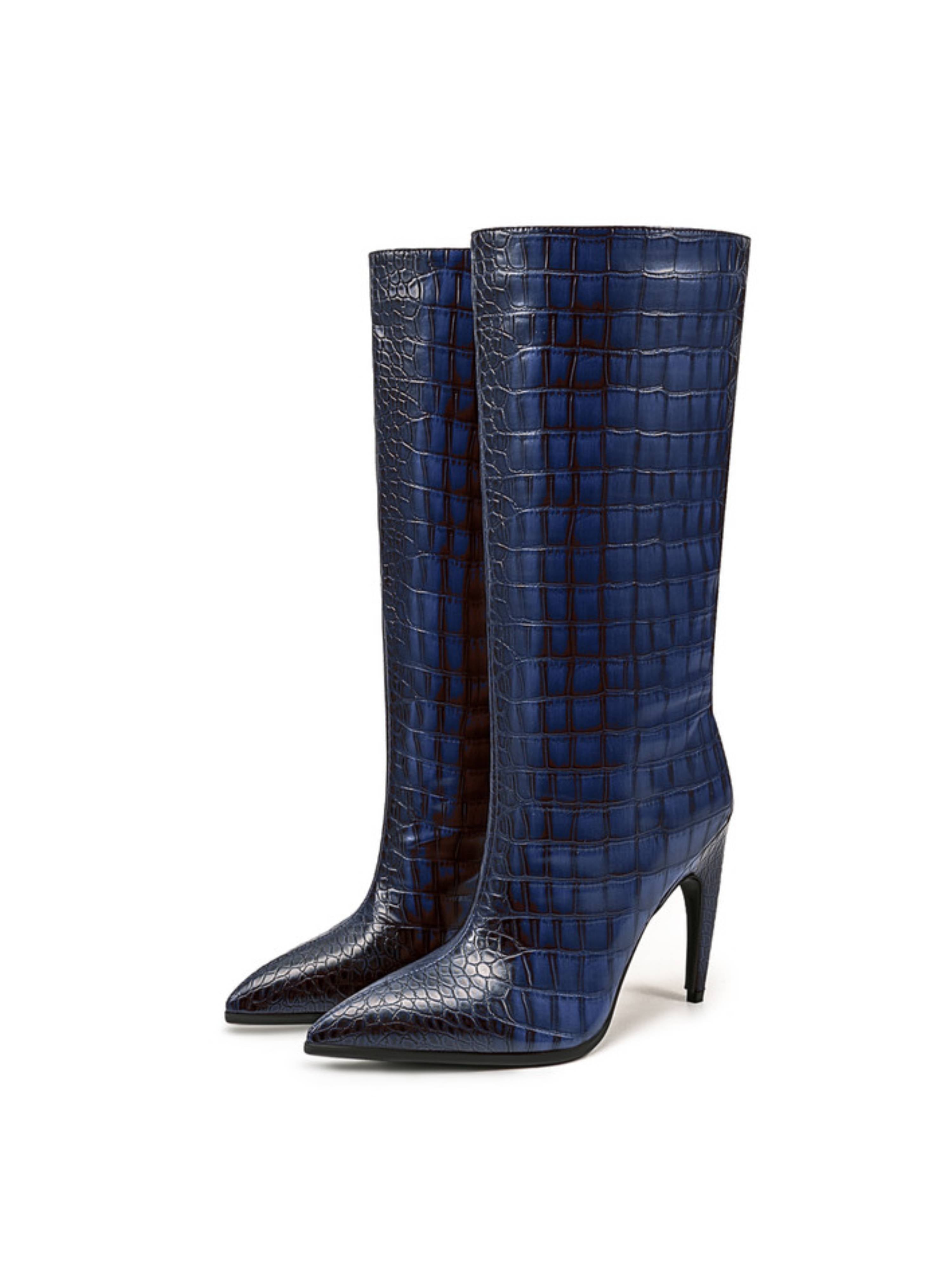 Blue Croc-Embossed High-Heel Mid-Calf Boots