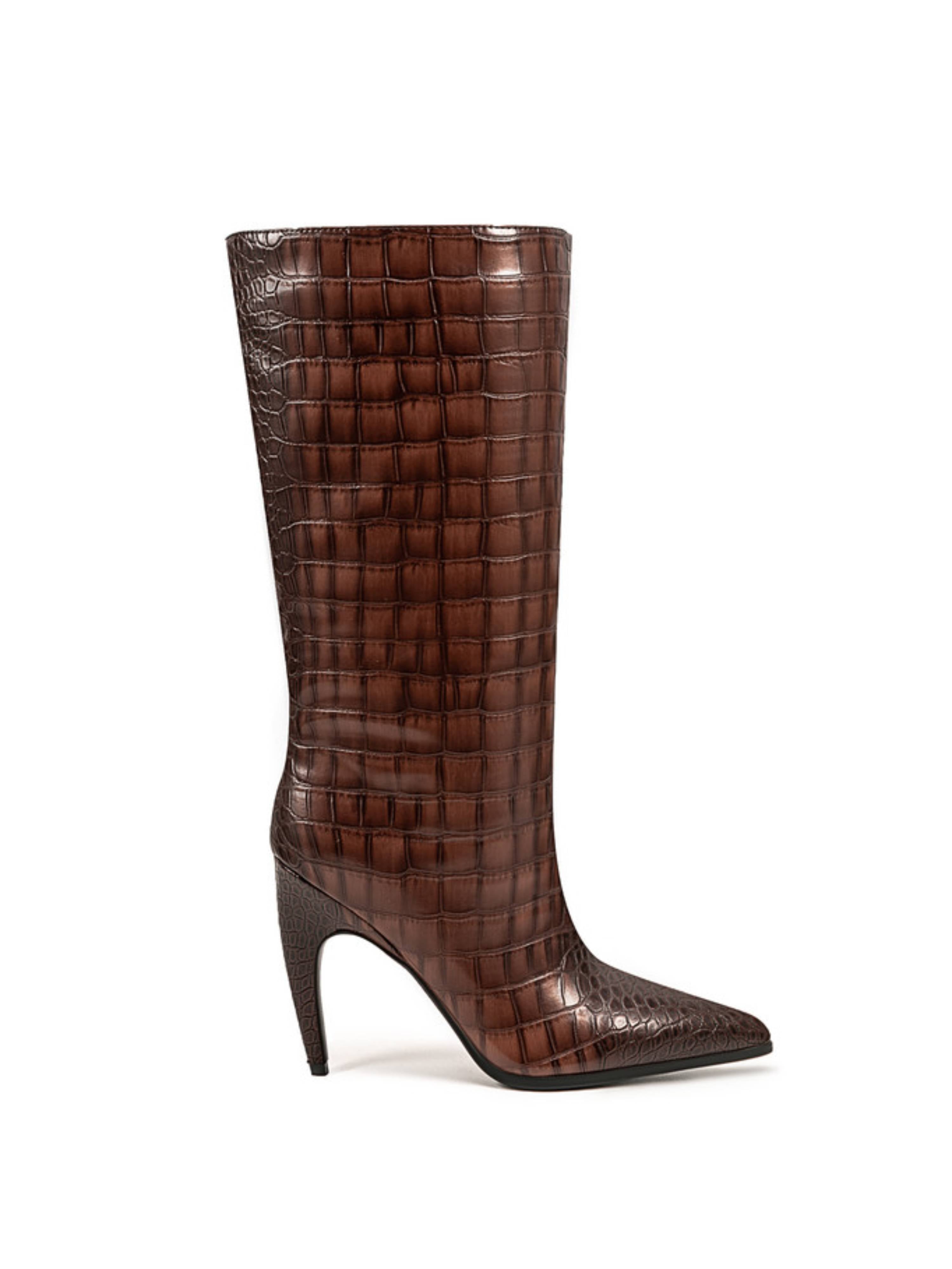 Classic Brown Croc-Embossed High-Heel Mid-Calf Boots for Women