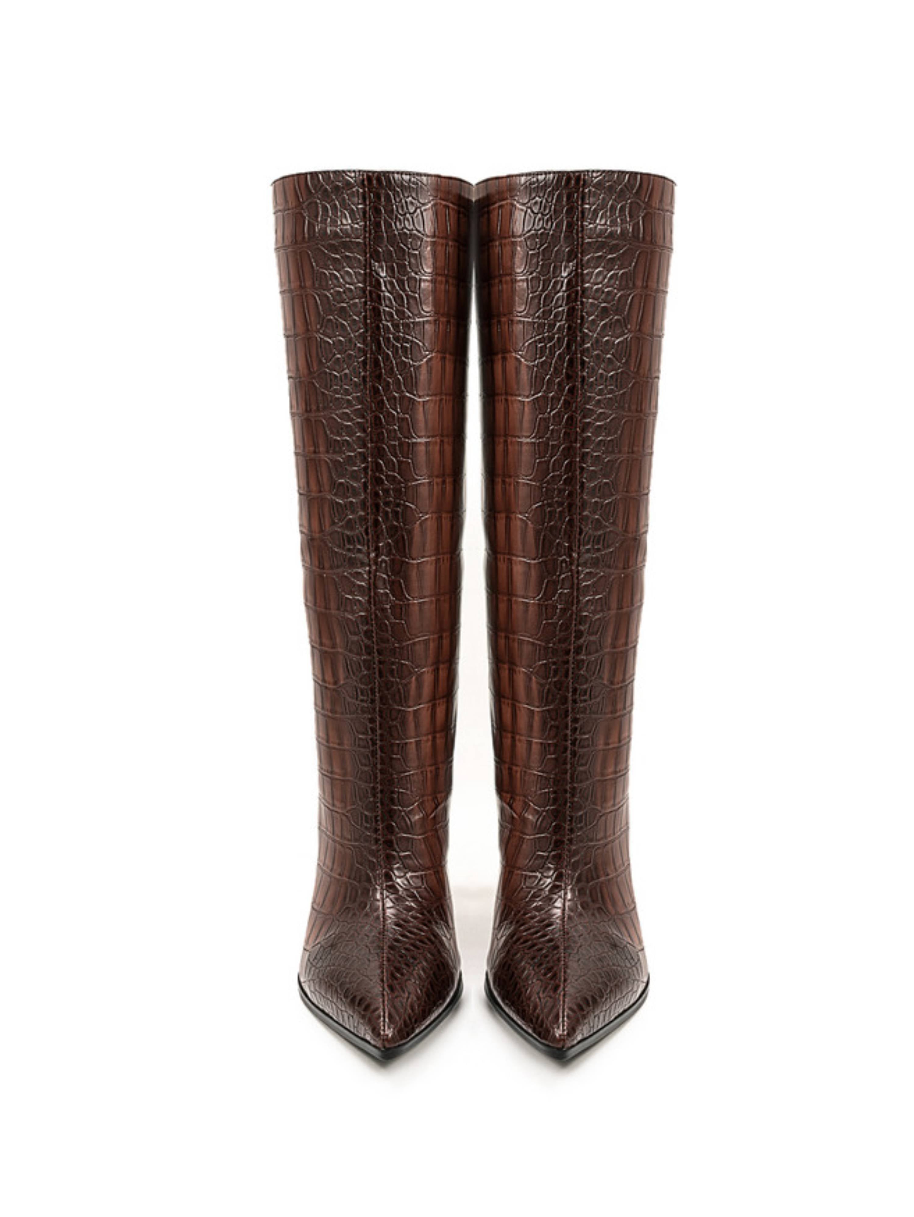 Classic Brown Croc-Embossed High-Heel Mid-Calf Boots for Women