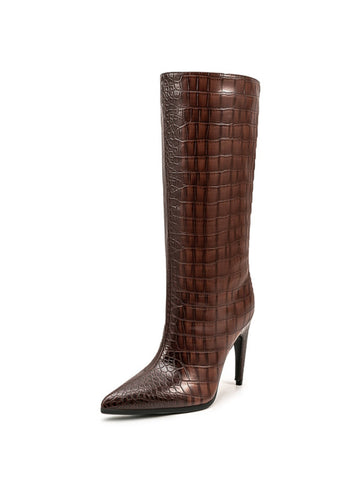 Classic Brown Croc-Embossed High-Heel Mid-Calf Boots for Women
