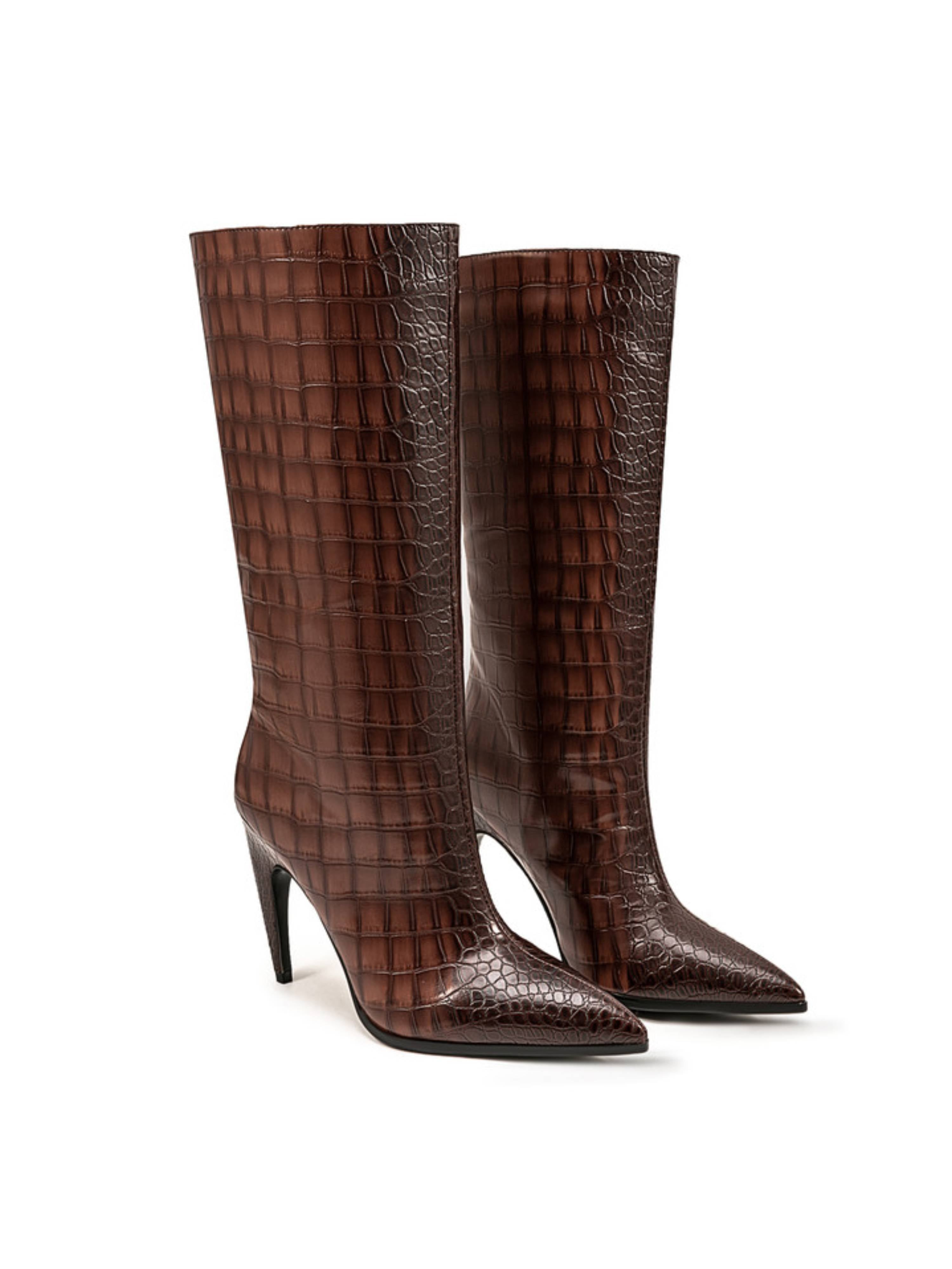 Classic Brown Croc-Embossed High-Heel Mid-Calf Boots for Women