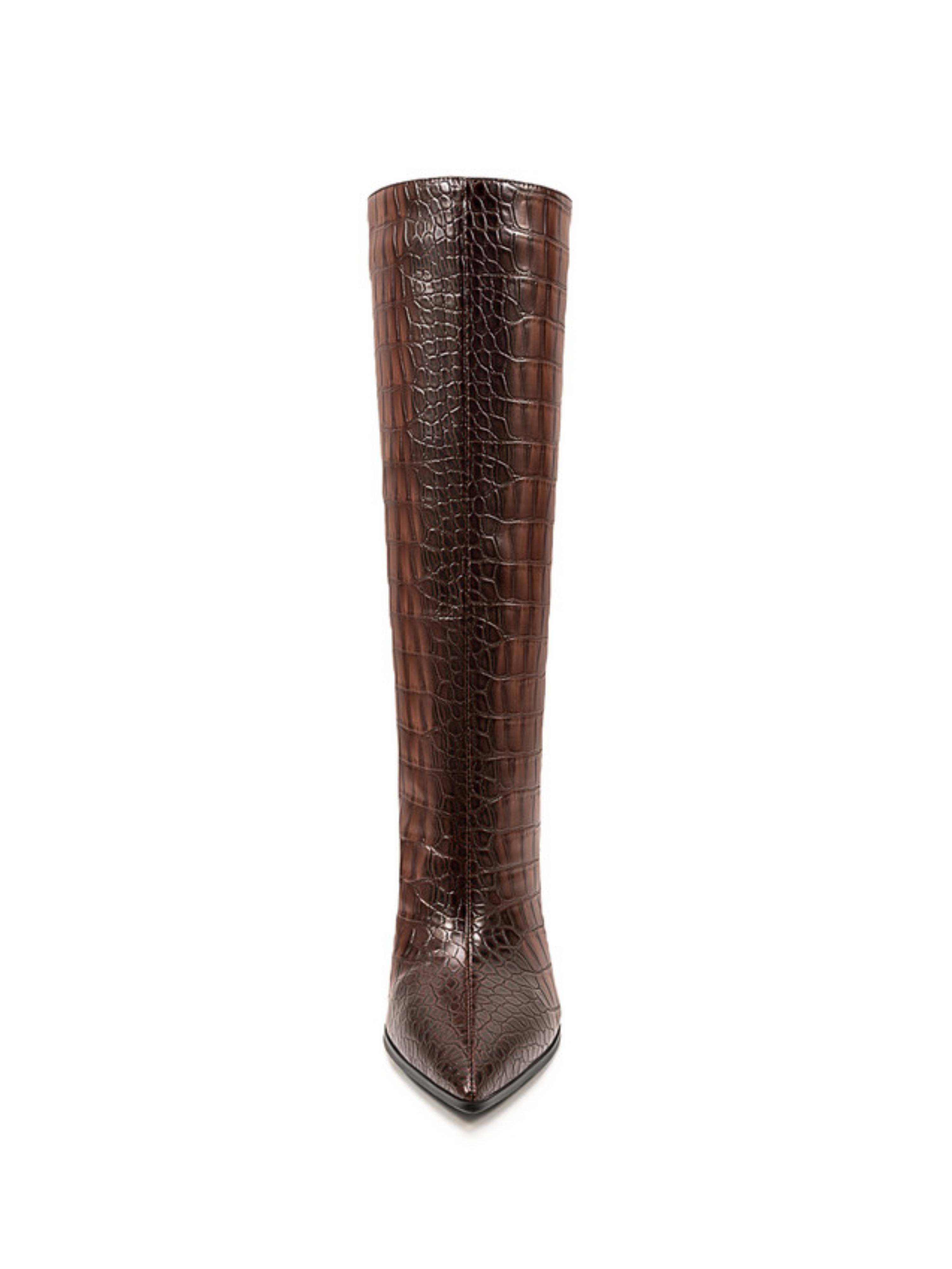 Classic Brown Croc-Embossed High-Heel Mid-Calf Boots for Women