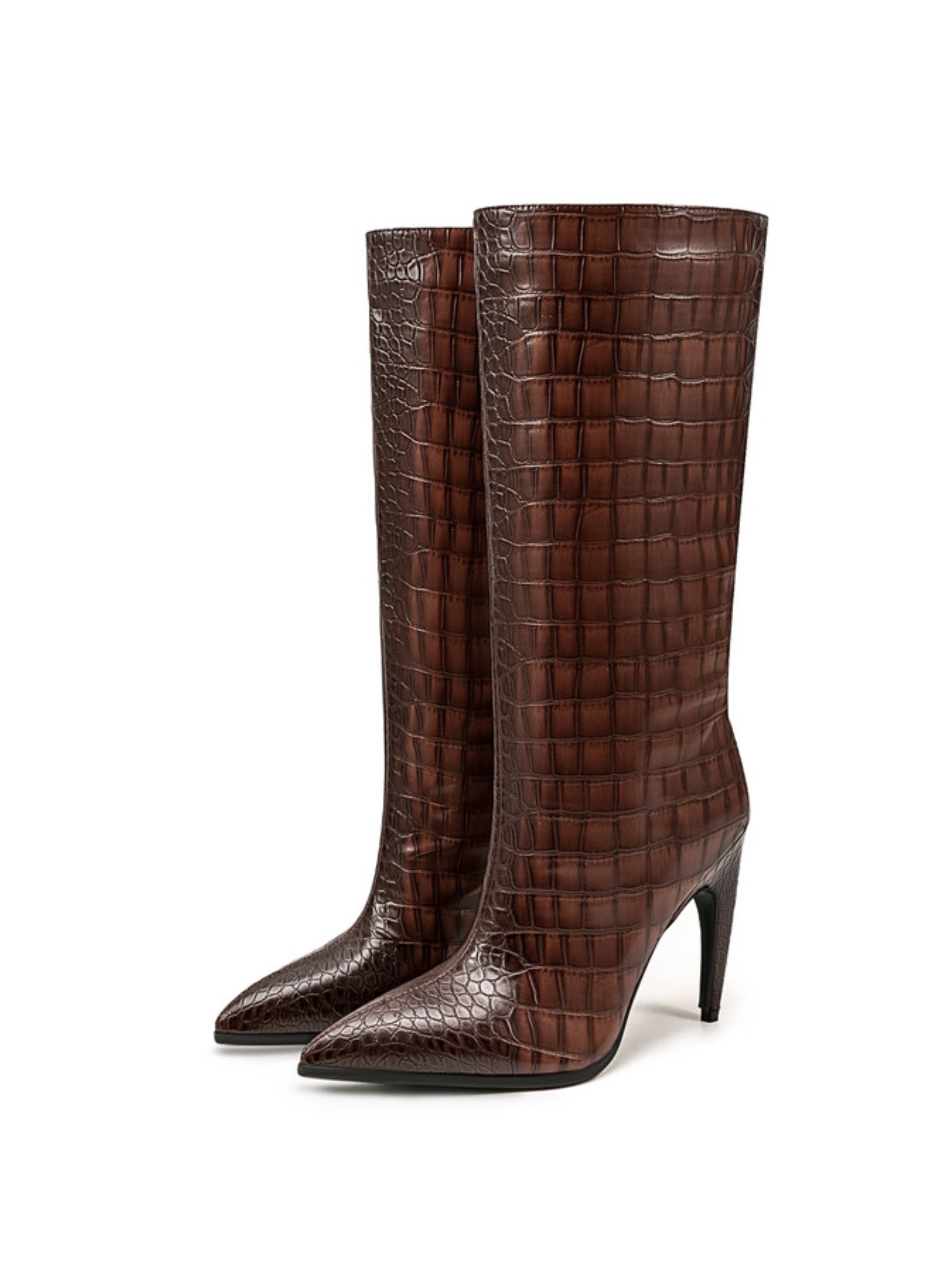 Classic Brown Croc-Embossed High-Heel Mid-Calf Boots for Women
