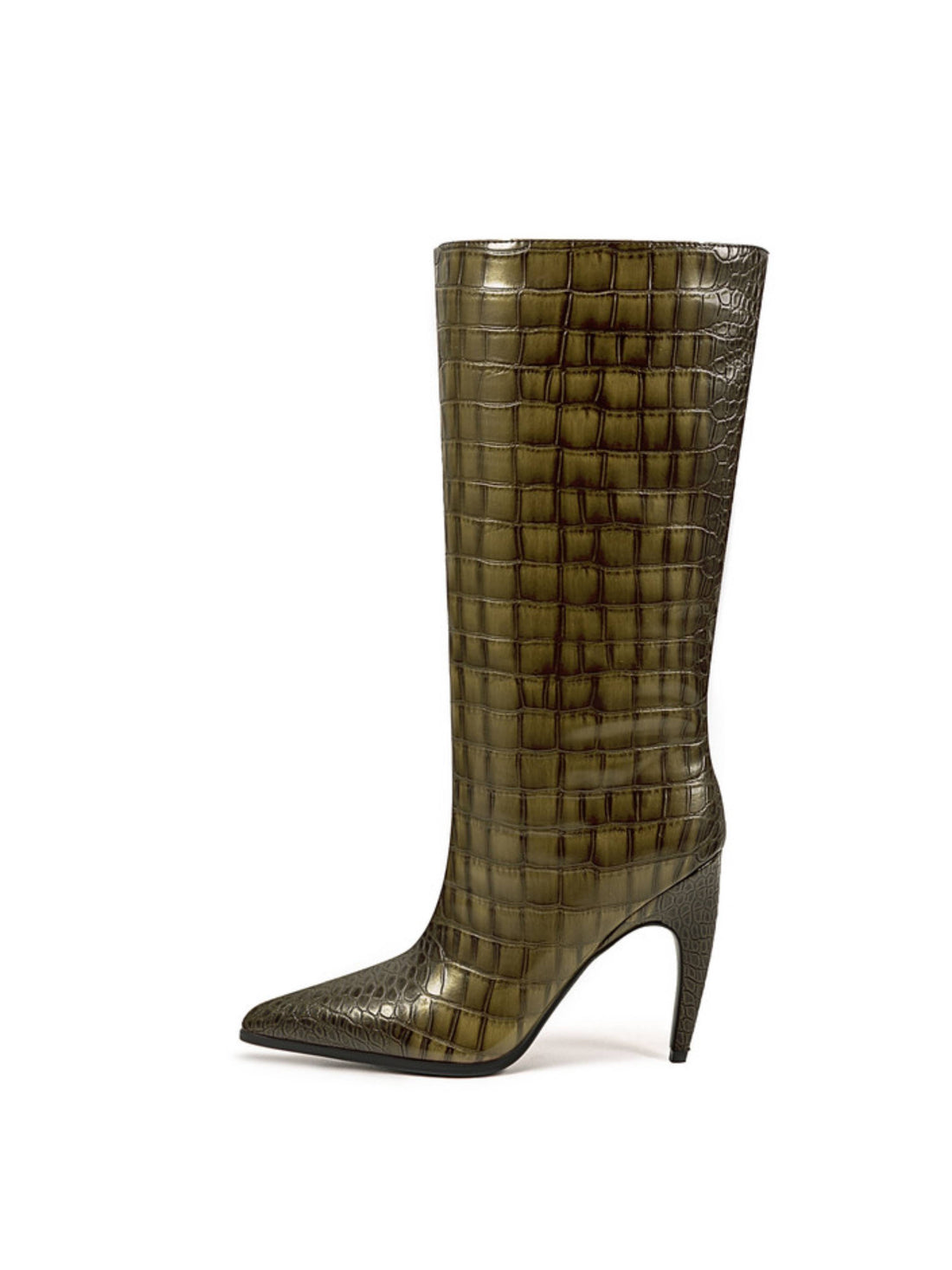Olive Green Croc-Embossed Stiletto Mid-Calf Boots for Women