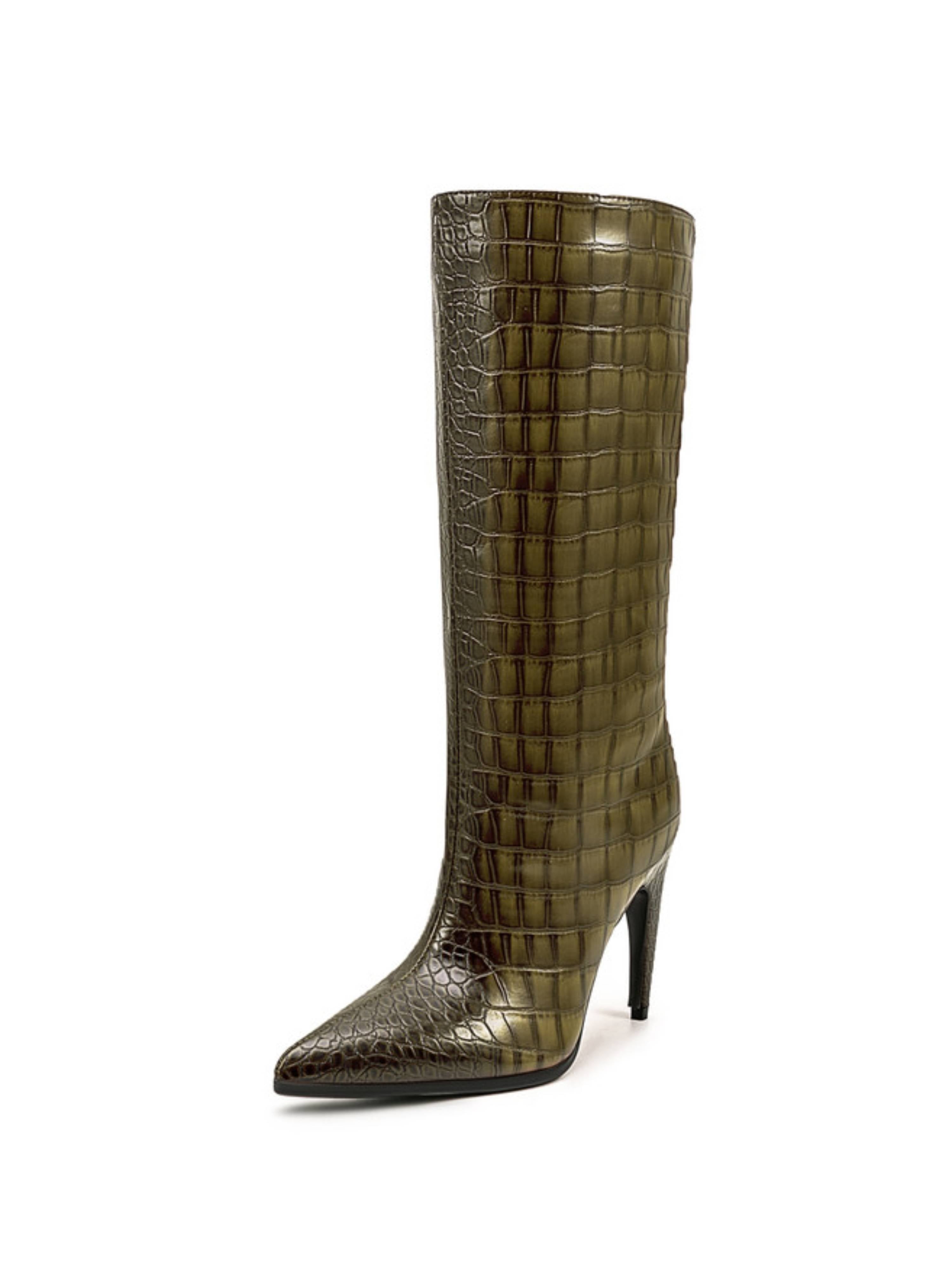 Olive Green Croc-Embossed Stiletto Mid-Calf Boots for Women