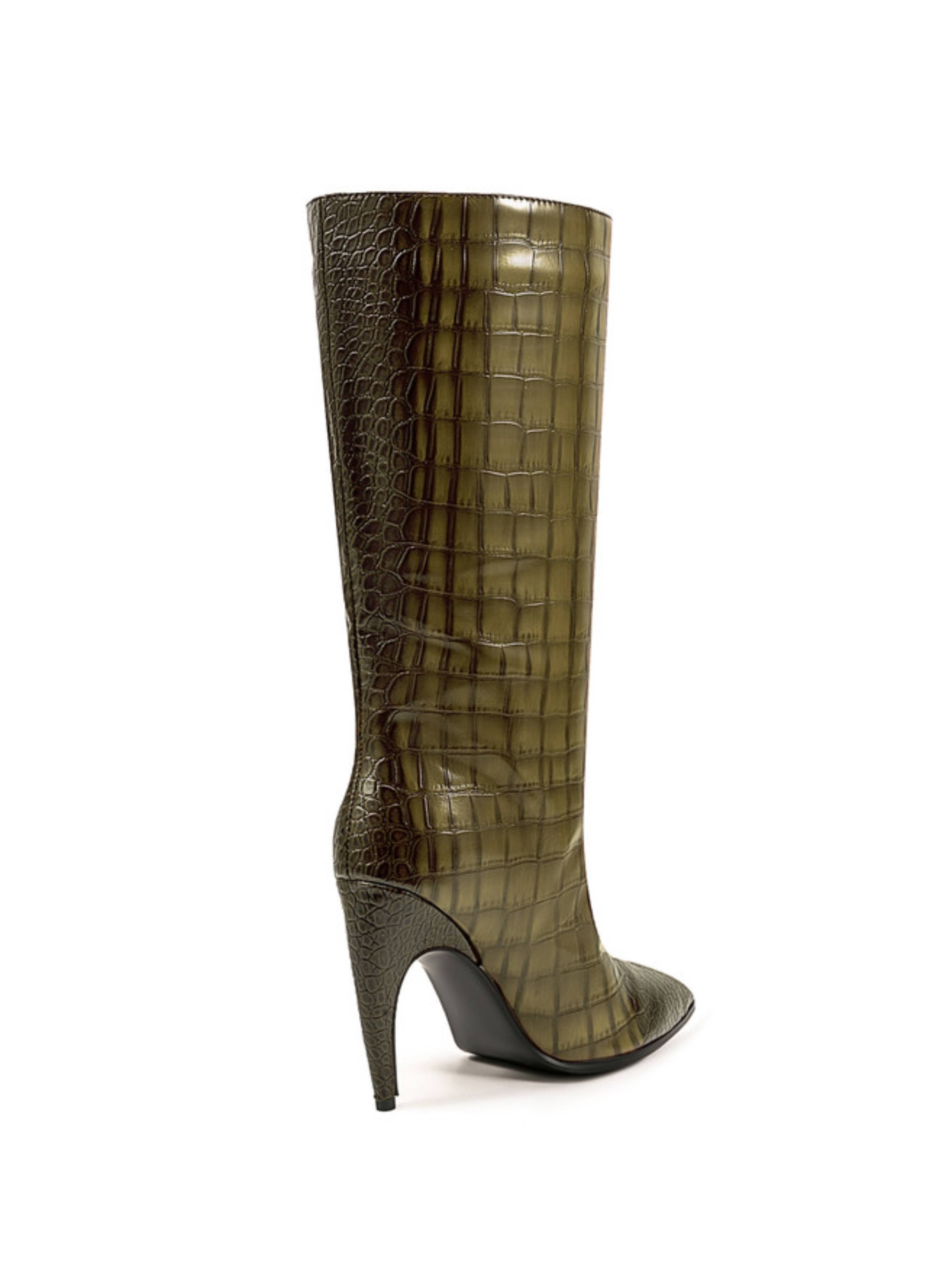 Olive Green Croc-Embossed Stiletto Mid-Calf Boots for Women